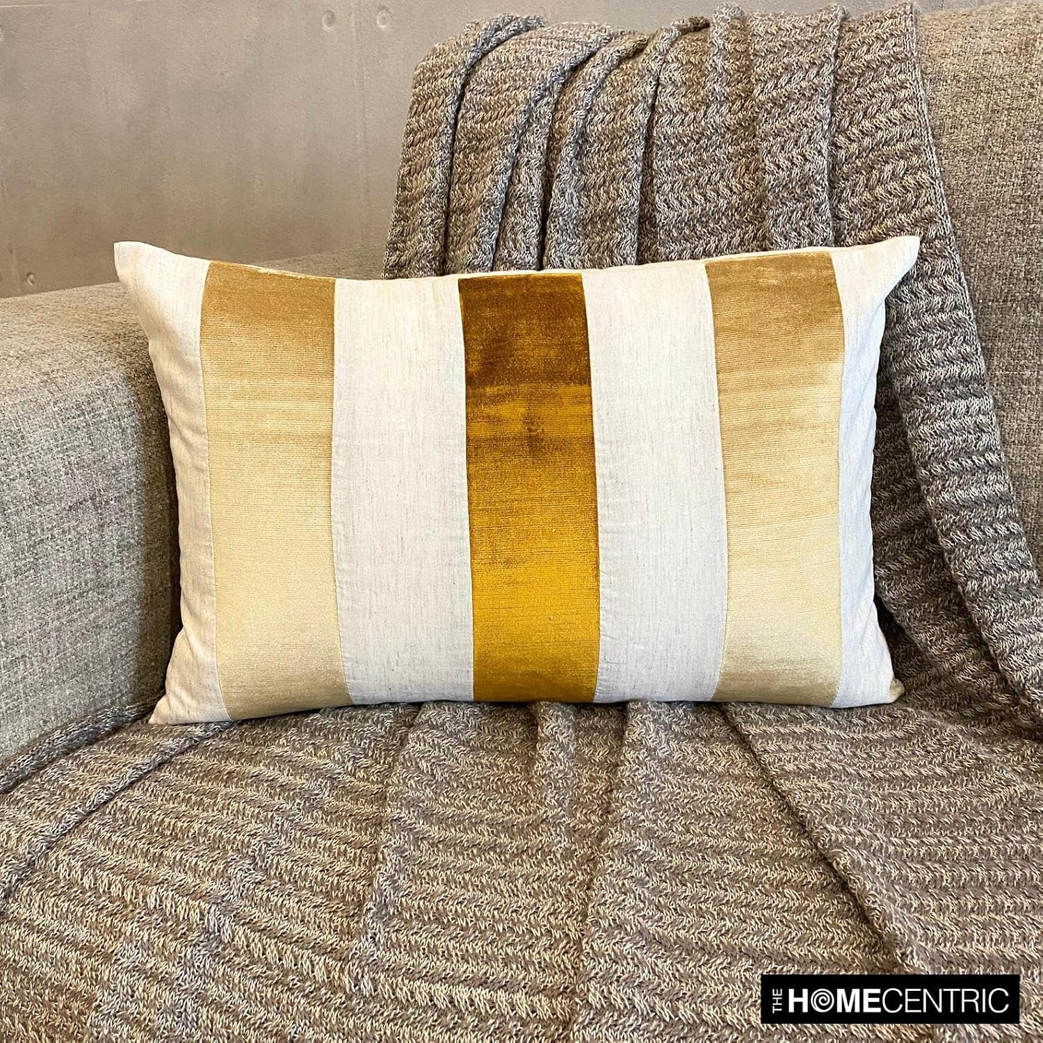 The HomeCentric Halloween Decorative Lumbar Pillow Cover Gold 12"x20" Fall Oblong Pillow Covers, Linen & Velvet Color Blocking & Patchwork Oblong Pillow, Striped Pattern Modern - Swathe Gold