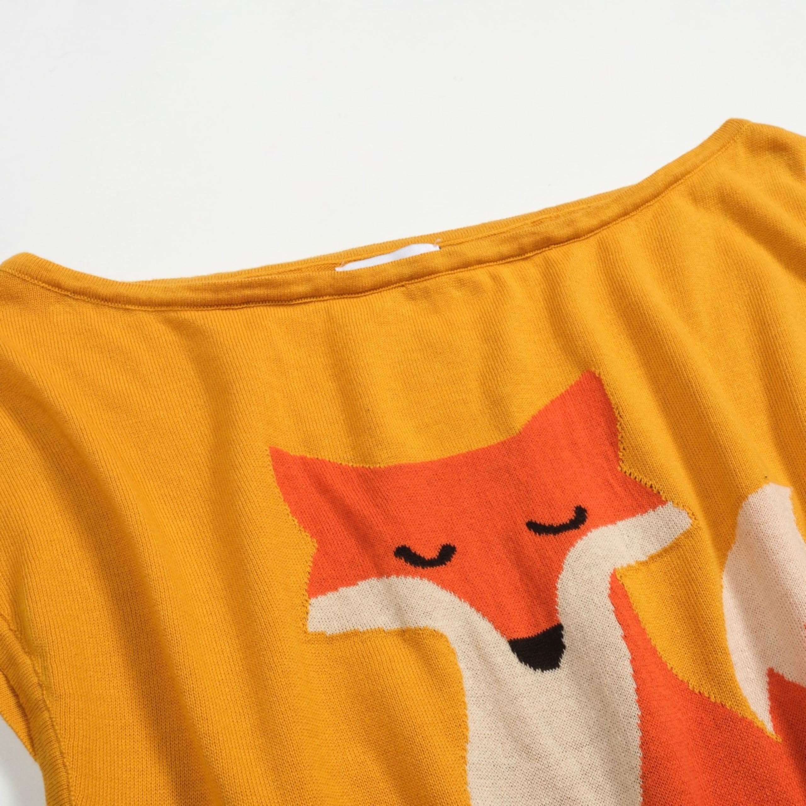 OXKNIT Camiseta de mujer amarilla con hombros descubiertos, con zorro, verano, punto de algodón, camiseta de ocio, versión corta