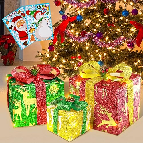 Cajas de regalo iluminadas para decoración de Navidad juego de 3 cajas de regalo con luces de Navidad decoración de árbol con patrón de ciervo lazos