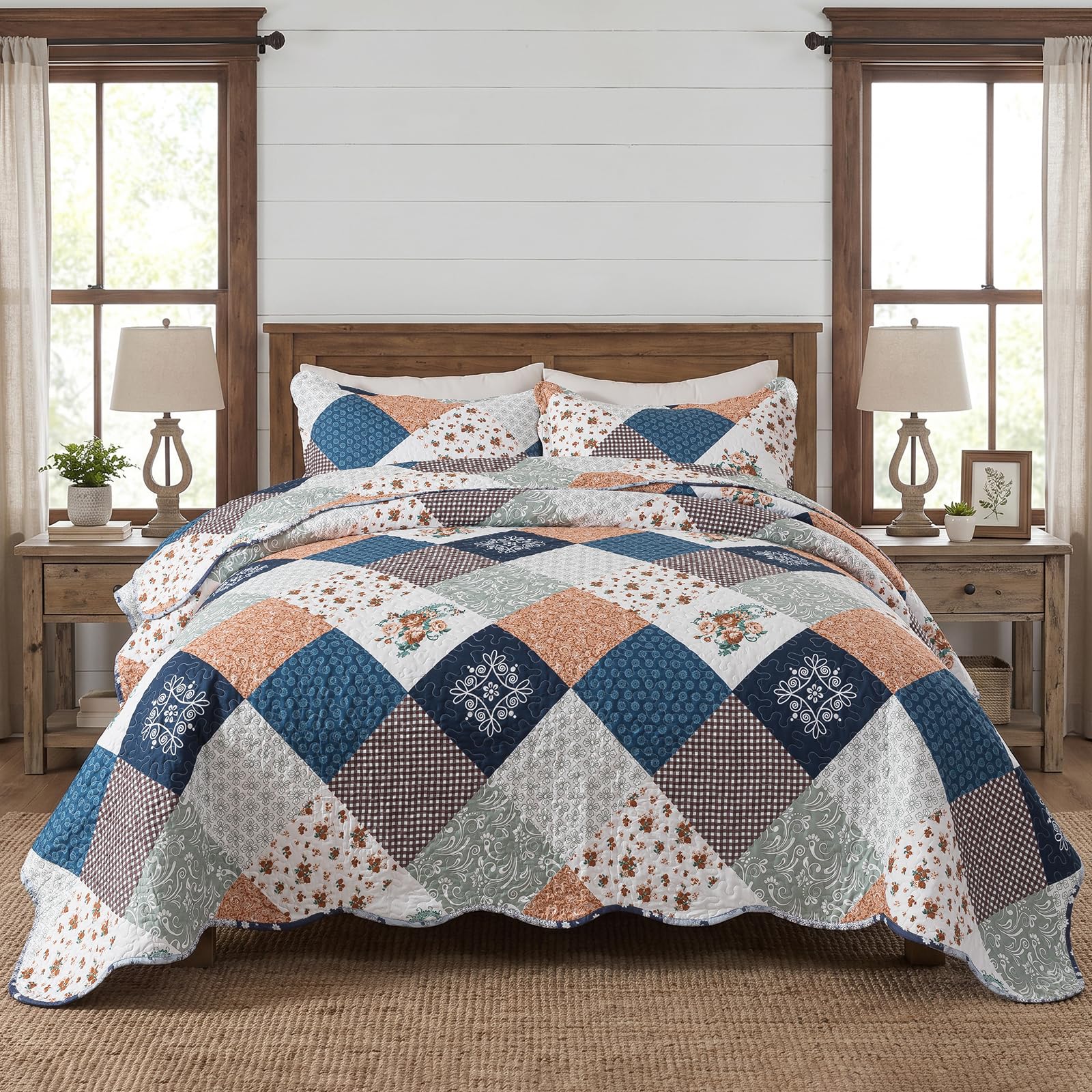 NEWLAKE Quilt Set King Size, Bedspread Sets Boho Country Squares, Quilt Bedding Set Lightweight and Breathable for All Seasons, Soft Quilted Bedspread with 2 Pillow Shams