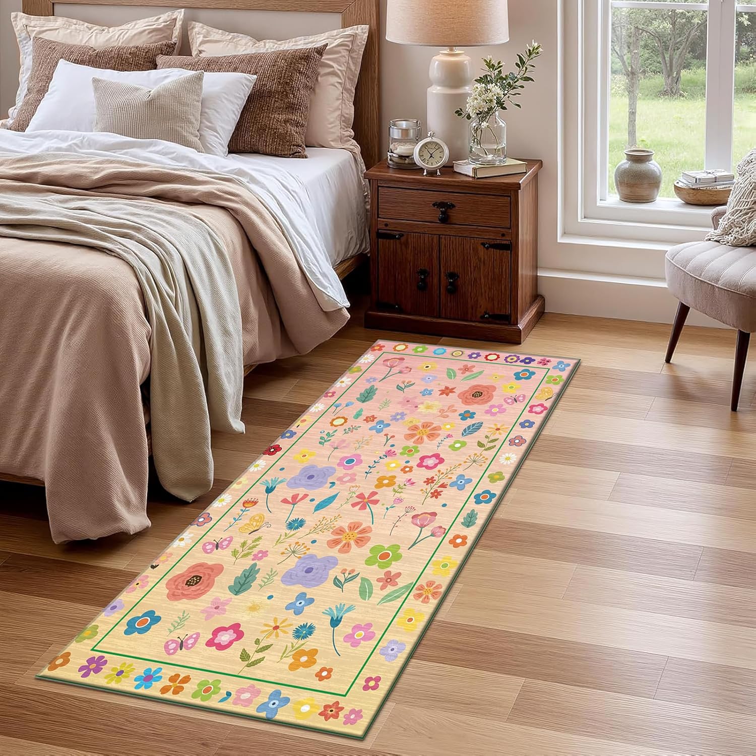 Spring Bohemian Floral Runner Rug 3.3x10ft,Non Slip Washable Bathroom Mat,Soft Floral Pattern Carpet Runner for Hallways,Bathroom,Laundry,Kitchen Pale Pink