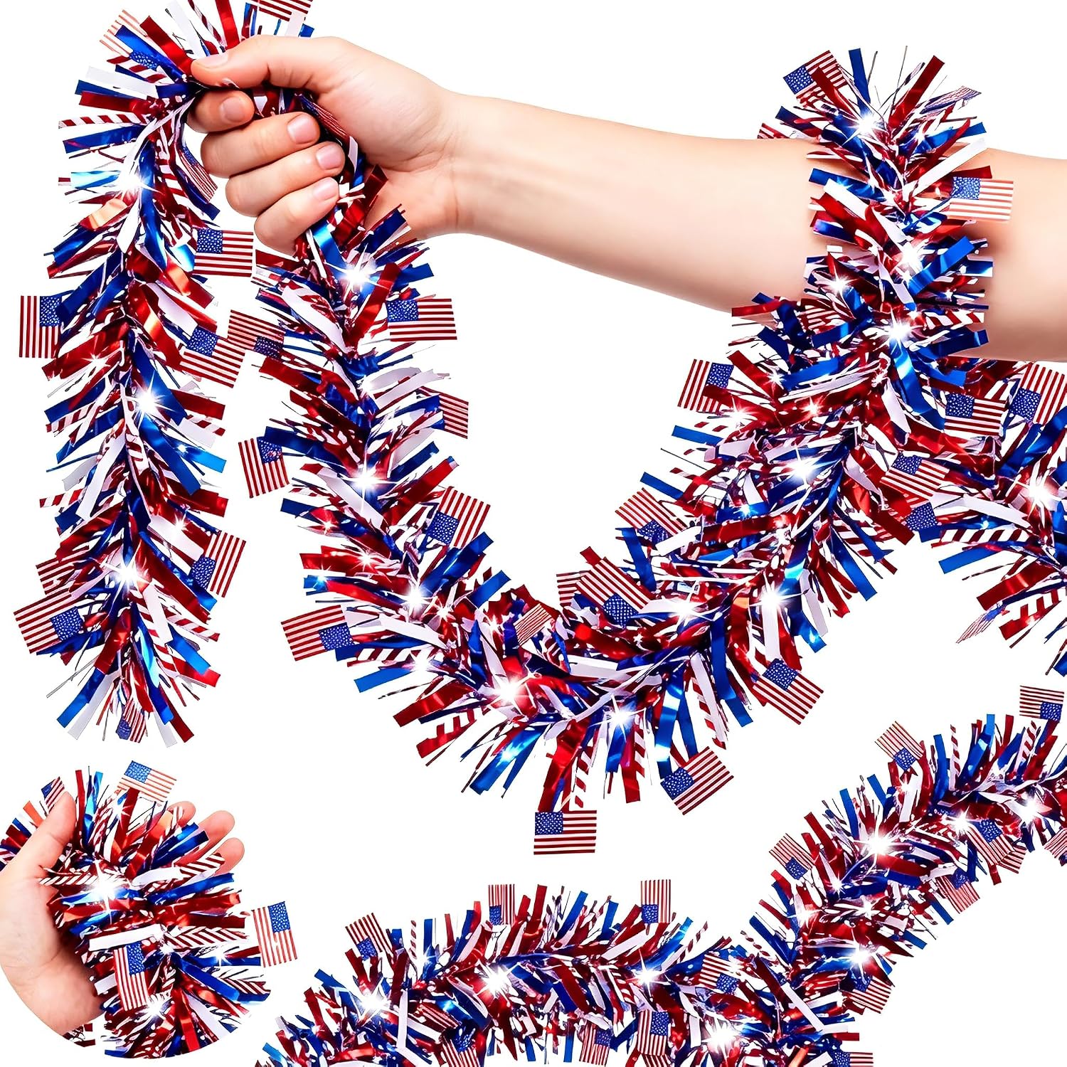 50 FT Patriotic Tinsel Garland, Red White and Blue 4th of July Garland Decorations for Independence Day, Memorial Day, Veterans Day, Parade Float, Golf Cart, Tree, Indoor Outdoor Party Decor