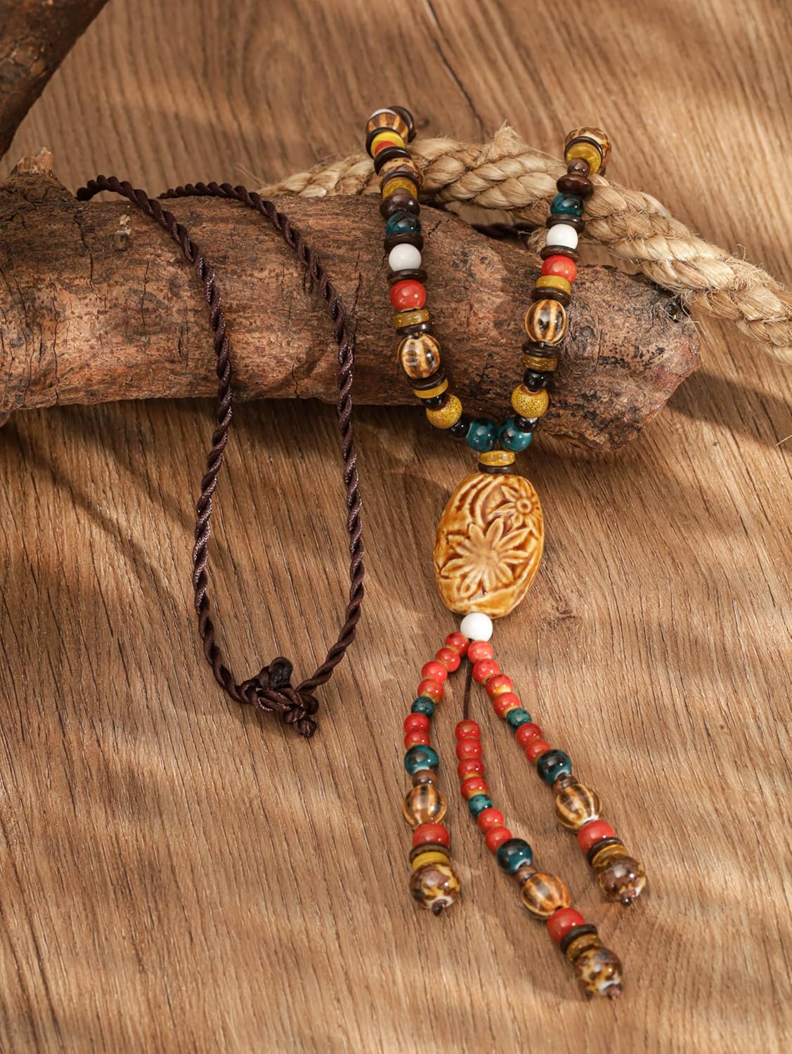 MINACHI Bohemian Colorful Ceramic Bead Chunky Center Pendant Y Necklace, Hippie Boho Summer Fashion Jewelry Gift for Women - Image 2