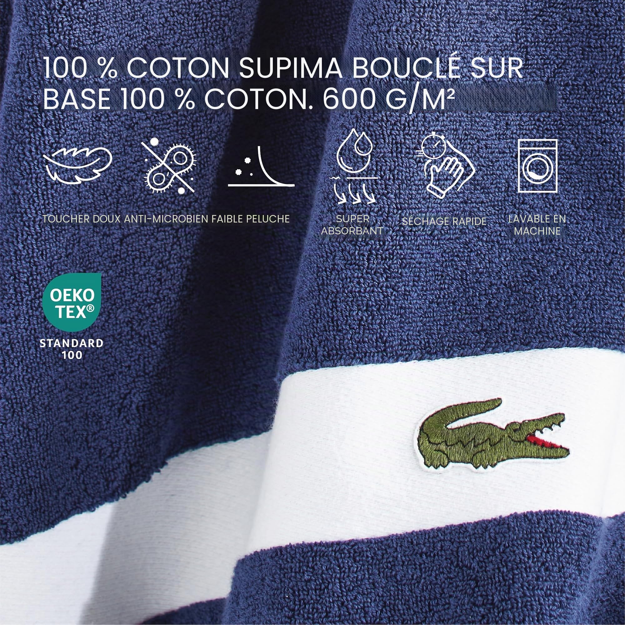 Lacoste Sport Stripe 6-Piece Luxury Cotton Towel Set – Made with 100% Soft Supima Cotton, Absorbent & Quick Drying, Includes 2 Bath Towels, 2 Handtuwels, 2 Washcloths, Navy