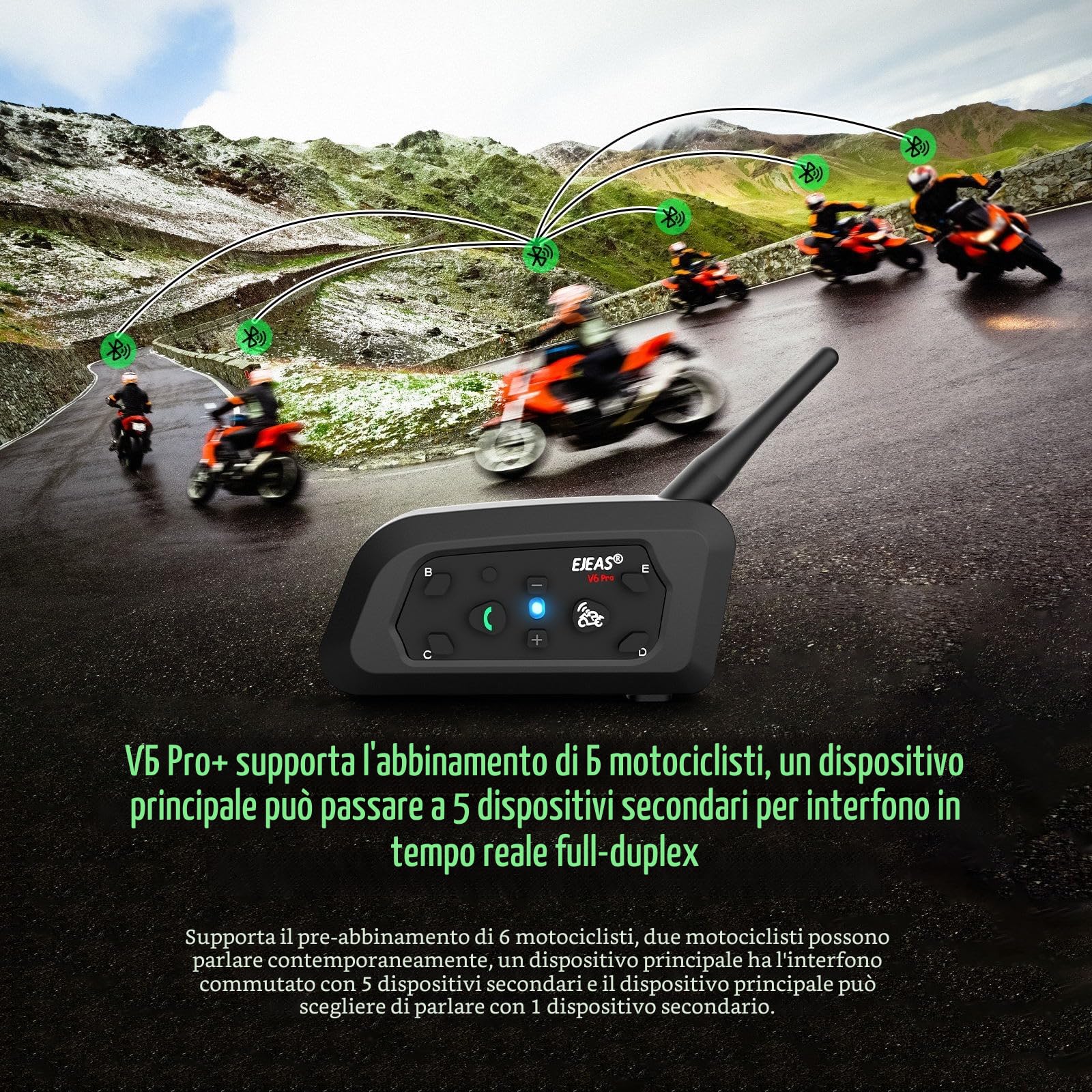 EJEAS V6 Pro+ Interfono Bluetooth per Casco Moto, Sistema di Comunicazione Bluetooth 5.1, Interfaccia Tipo C, 2 Confezione