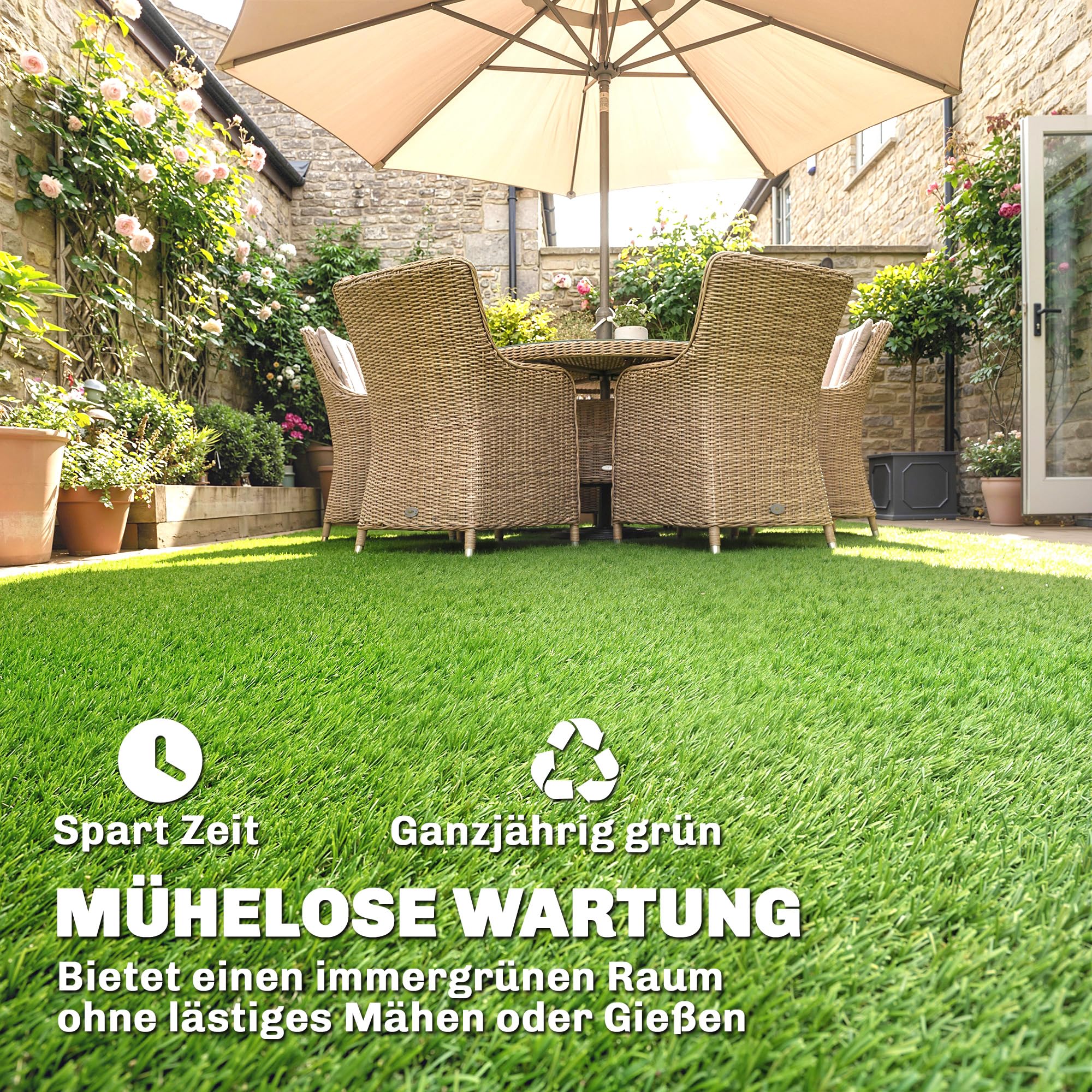 Outsunny Kunstrasen 100x400cm selbstentwässernd Outdoor Teppich mit 10mm Höhe Wetterfester Rasenteppich Grasteppich Rollrasen für Garten Balkon, Terrasse Grün