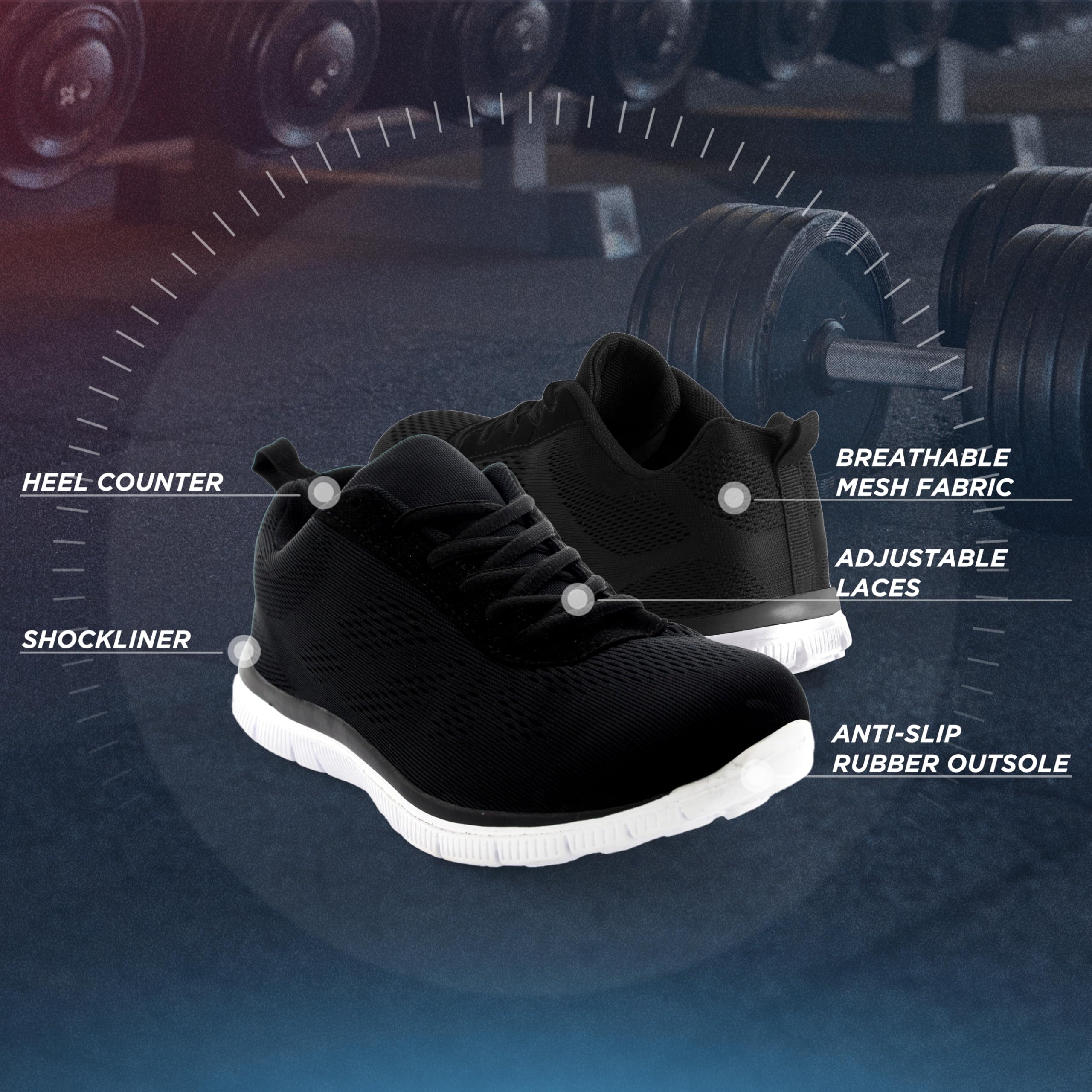 Get Fit Mens Gym Comfort Cushioned Fitness Lightweight Athletic Trainers - Black/White Memory Foam - 11