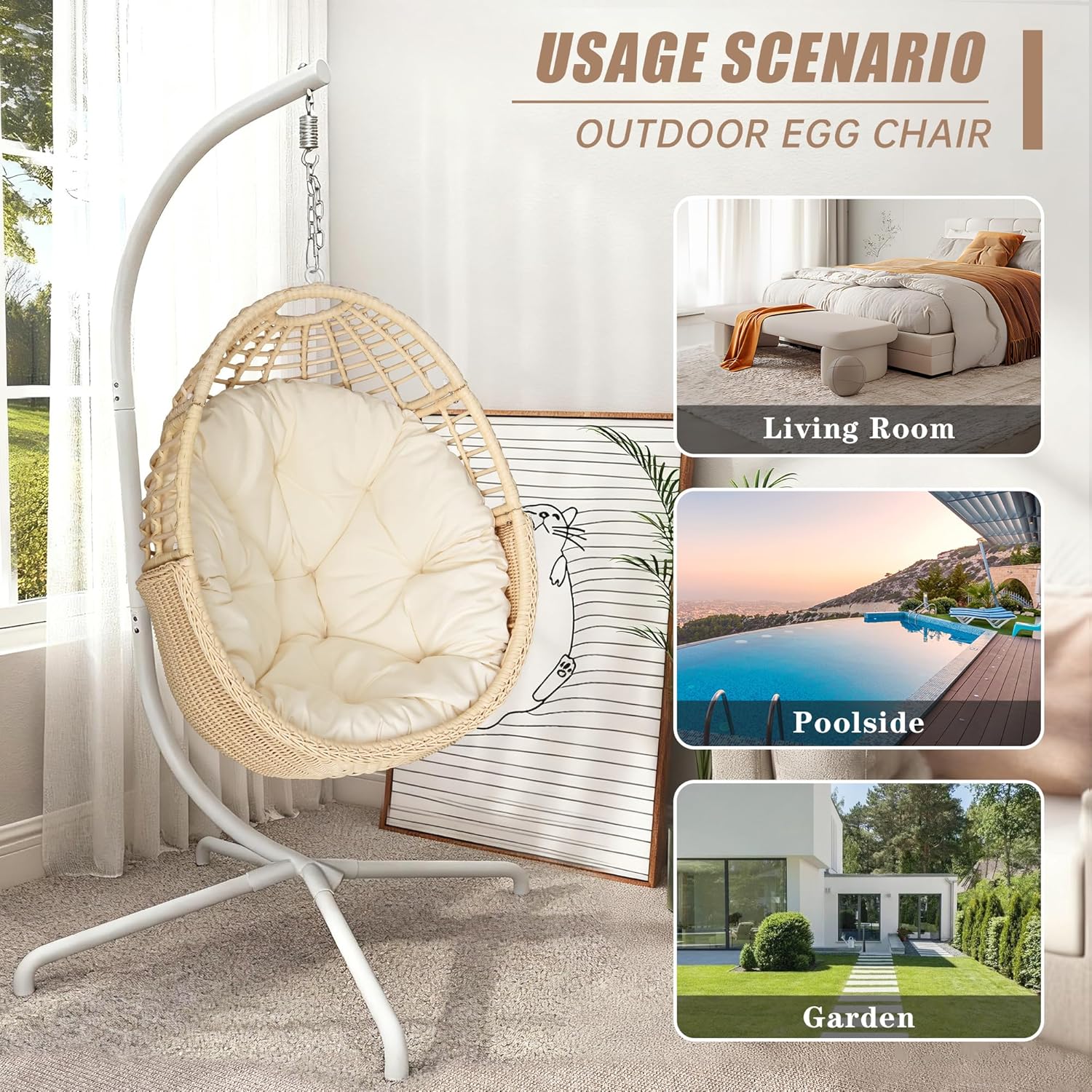 TWT Egg Swing Chair with Stand Beige Outdoor - Rattan Wicker Patio Hanging Basket Hammock Chair with Metal Frame and UV Resistant Cushion for Indoor Bedroom Balcony (Claws Base)