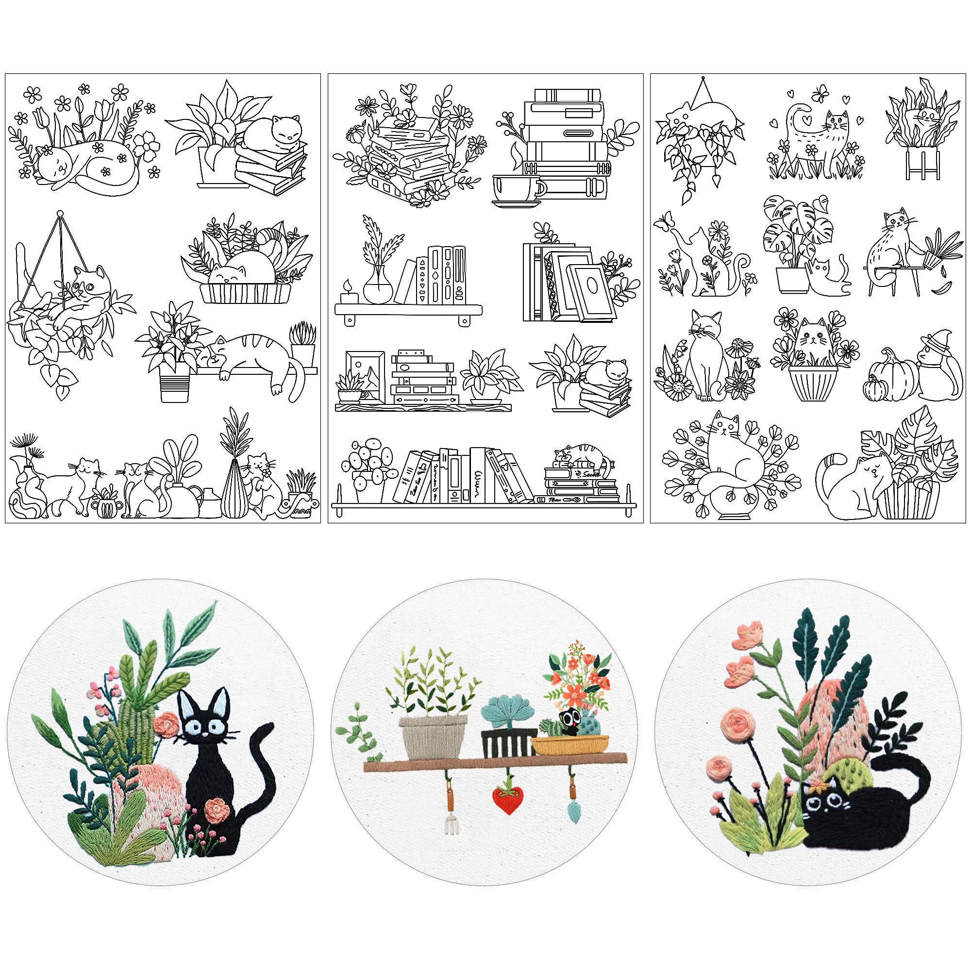 Water Soluble Stabilizer Embroidery Paper - Stick and Stitch Embroidery Paper Wash Away, 3 Sheet Embroidery Patterns, Potted Plant, Flower Book Cat Design, Hand Sewing Crafts