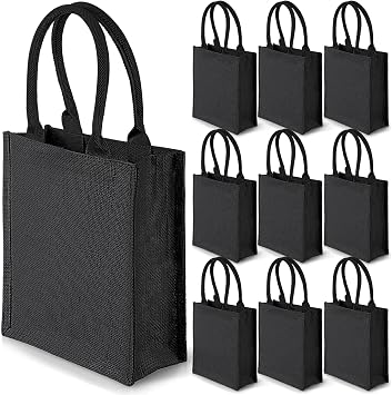Saintrygo 10 Pcs Burlap Tote Bags Burlap Gift Tote with Handles Reusable Beach Bridesmaid Welcome Bags for DIY Wedding Shopping Pool Party Favor, 11.1x 9.5x 4.2Black