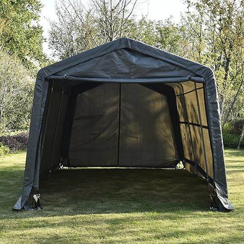 WONLINE Cochera portátil resistente de 10 x 15 x 8 pies, cobertizo de almacenamiento para patio al aire libre, beige, estilo redondo