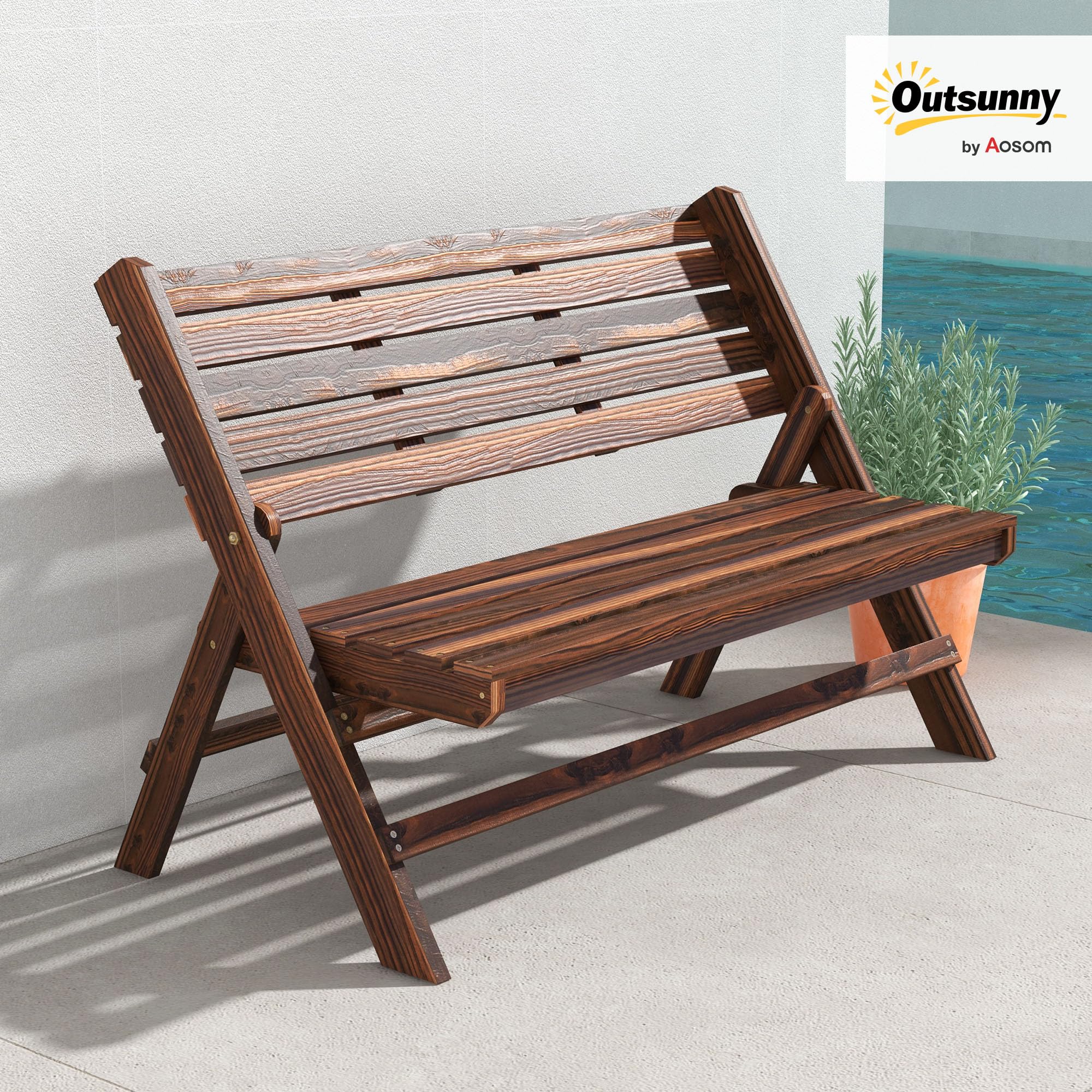 Outsunny Panchina da Giardino da 2 Posti Pieghevole, Panchina da Esterno a Doghe in Legno di Pino, Panca per Terrazza Patio e Cortile, 122x63x83 cm, Carbonizzato