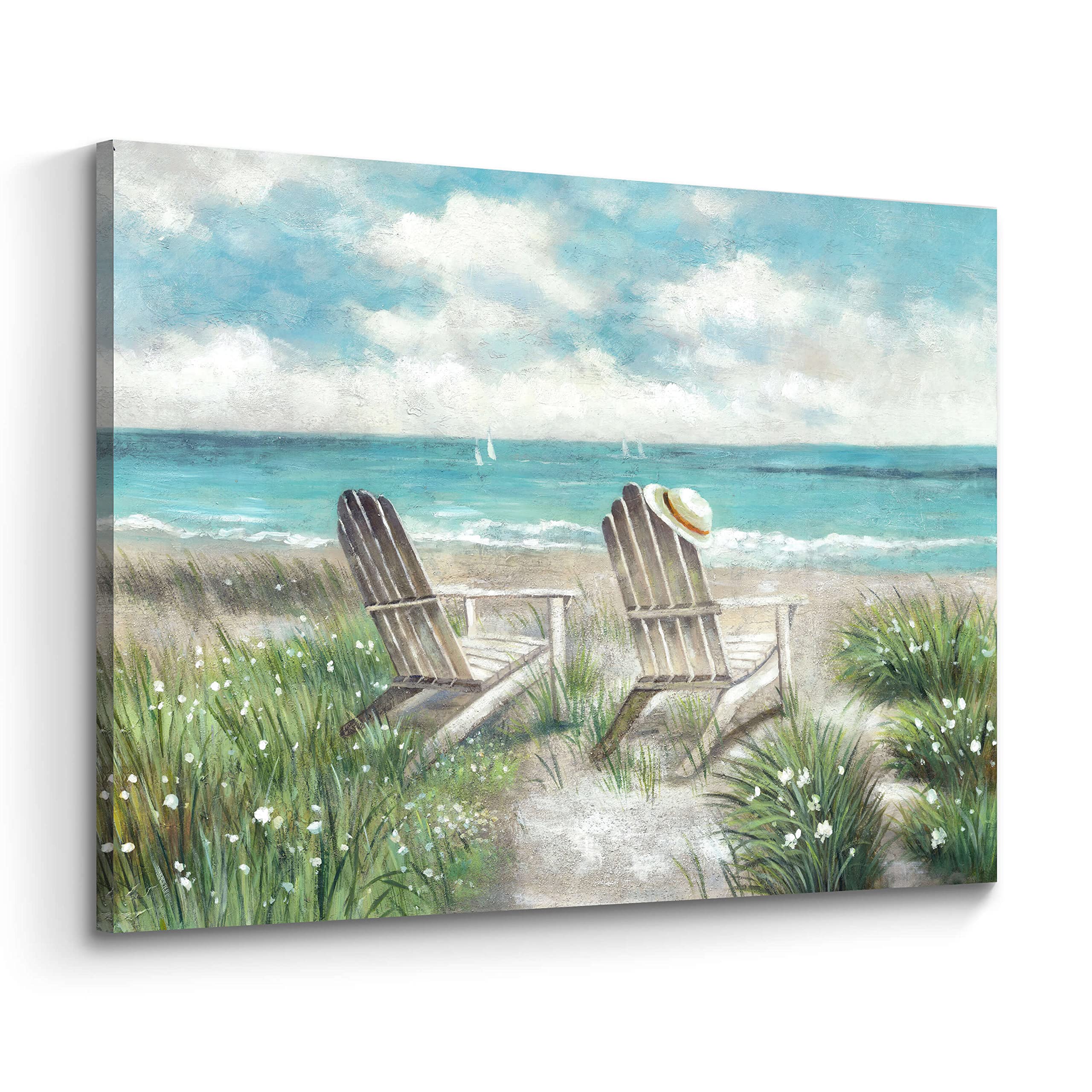 Beach Canvas Wall Art Picture: Ocean Sea Painting Decor Coastal Chair Seaside Grass Artwork Wave Seascape Scene Print for Bathroom Bedroom