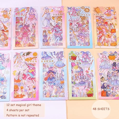 Miniatura 2 de 48 hojas de calcomanías de dibujos animados para niñas, calendario de papelería transparente Kawaii PET para manualidades, personajes mágicos,