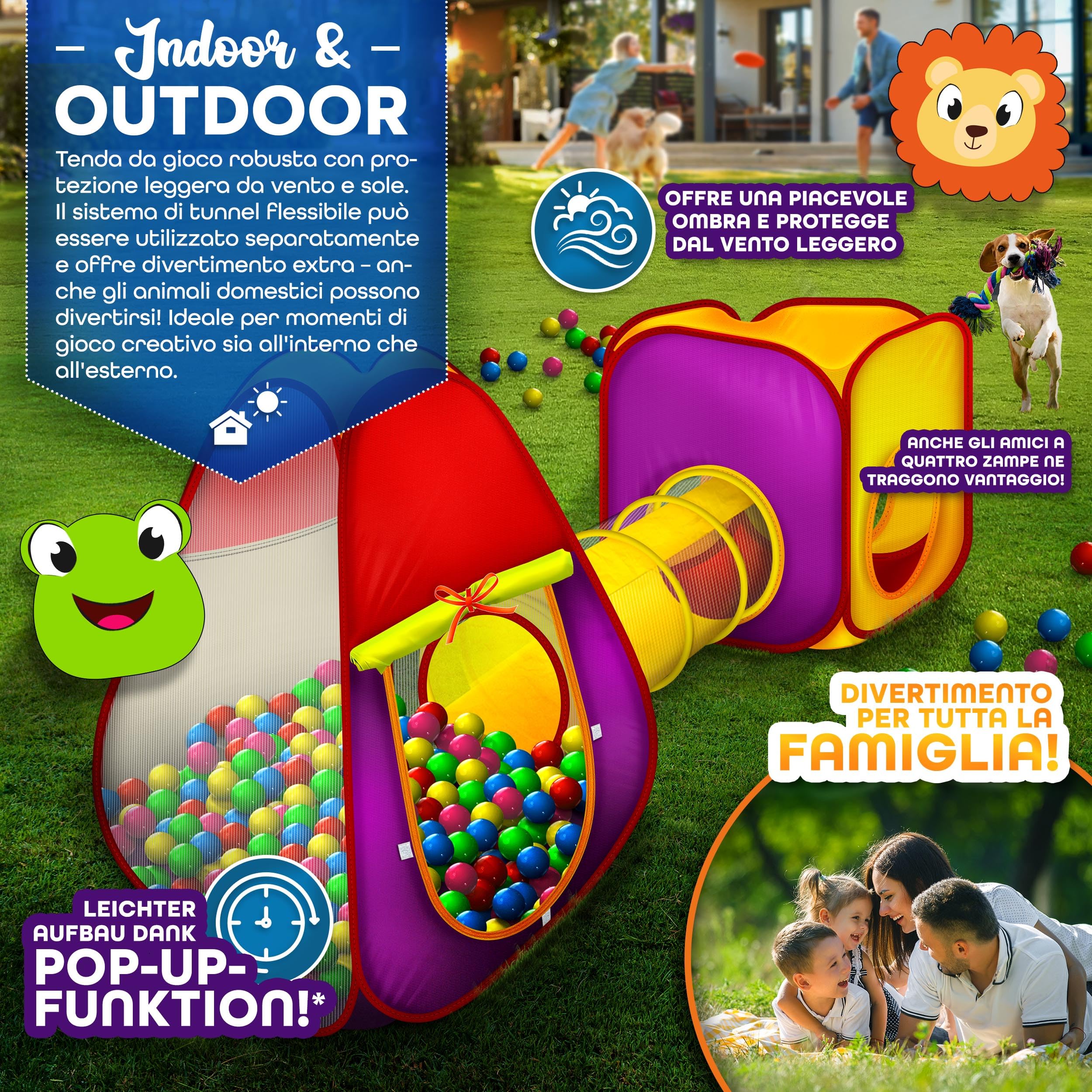 KIDUKU Tenda a dado per bambini Pop Up con tunnel + 200 palline + borsa per interni ed esterni