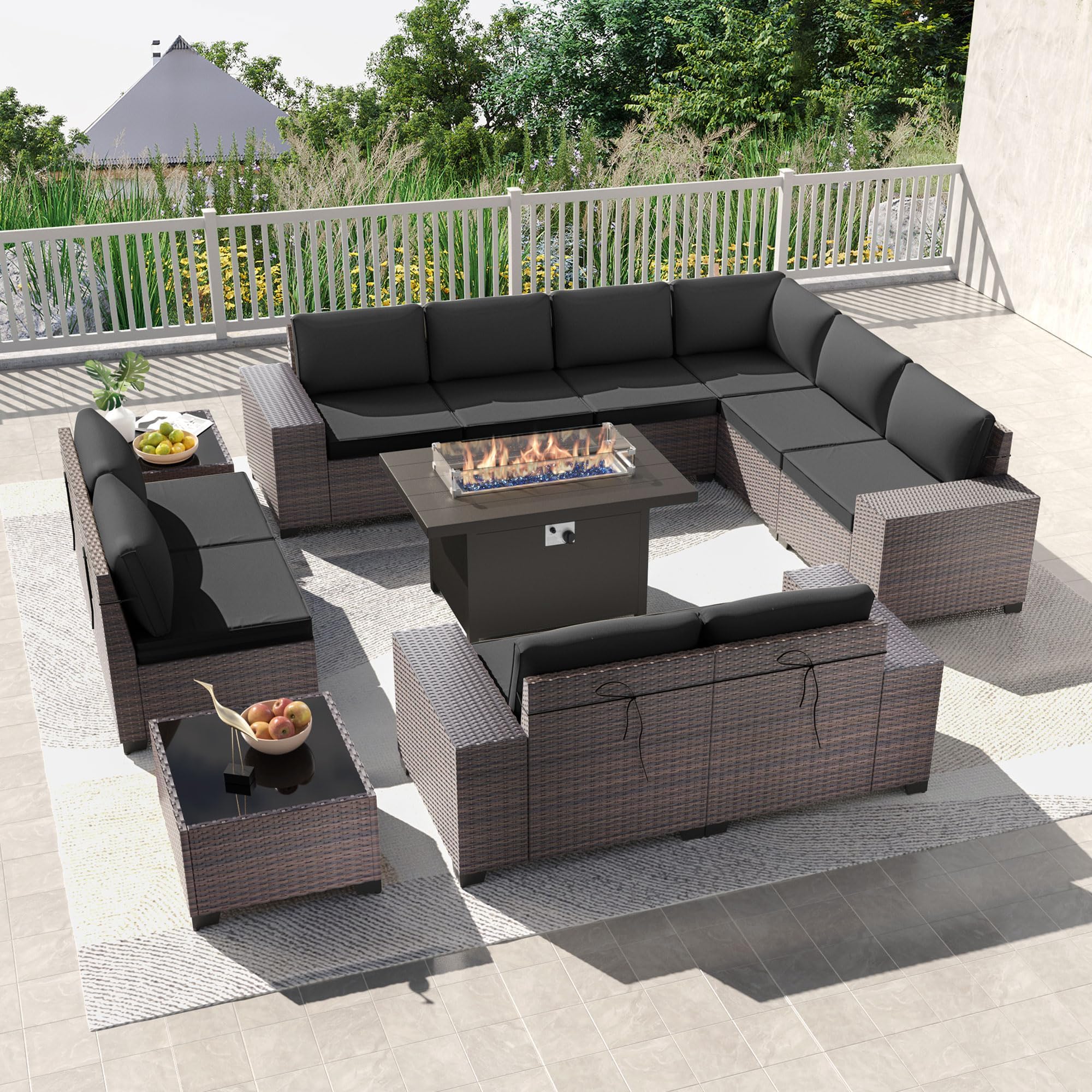 Kullavik 13PCS Outdoor Patio Furniture Set with 43" 55000BTU Gas Propane Fire Pit Table PE Wicker Rattan Sectional Sofa Patio Conversation Sets,Black