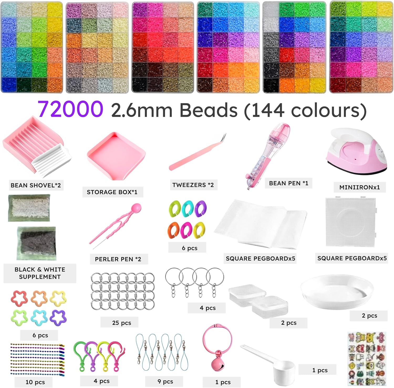 SIFNAORU 144 Colors 70000pcs Fuse Beads Kit-Easy DIY- 2.6mm Melty Beads Kit, All in one DIY Crafts Supplies for Women, Birthday Ideal Gifts,Pixel Art Building Blocks