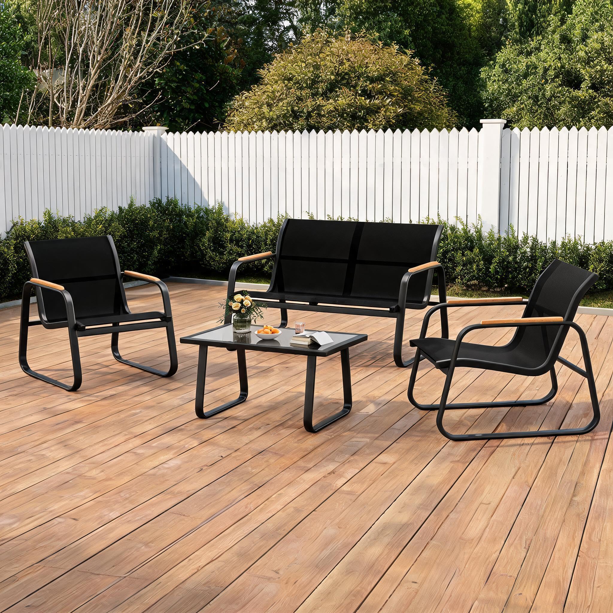 4 Teiliges Outdoor Gartenmöbel Set, Sofa, 2 Sessel & Glastisch Langlebig | Aus Stahl ,Wetterfestes Von Balkonmöbel,Für Garten, Balkon Oder Terrasse,Einfache Montage