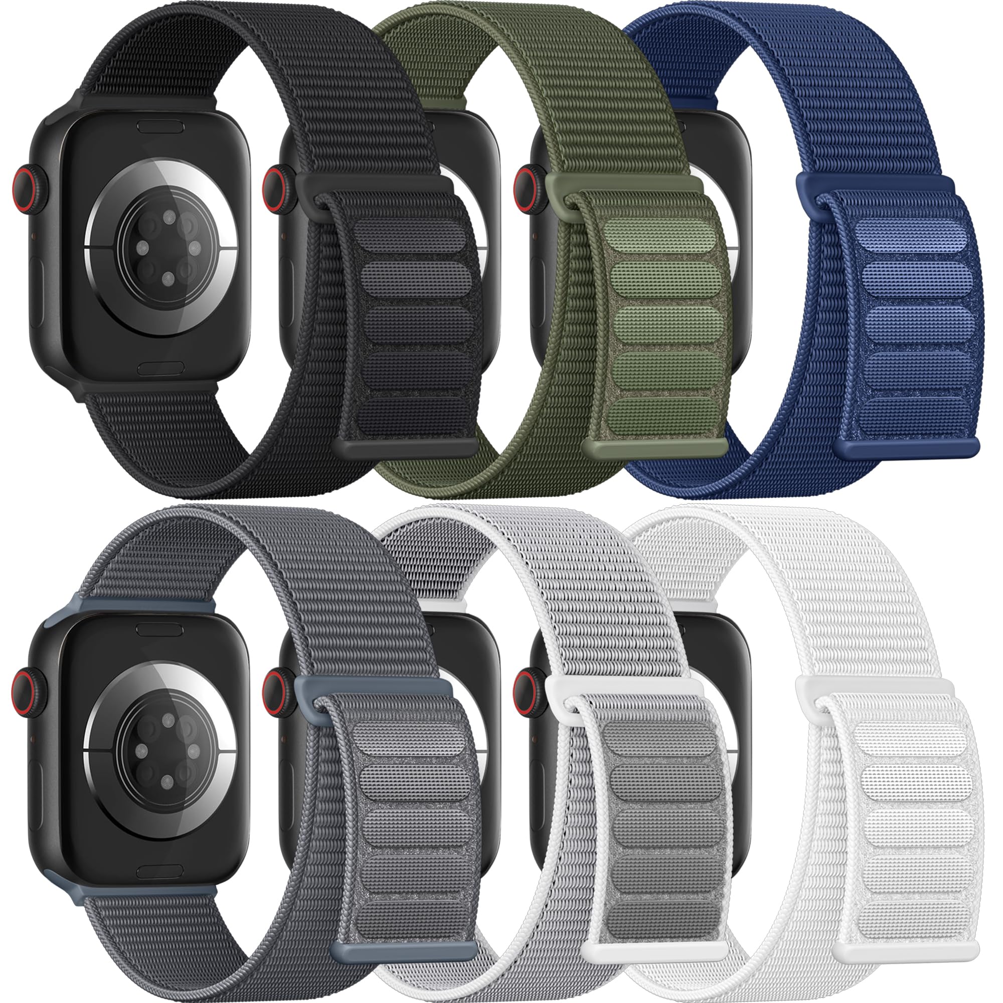 Easuny 6 Pack Sport Nylon Loop Compatible with Apple Watch Bands 40mm 42mm 38mm 41mm 44mm 46mm for Women Men, Adjustable Soft Breathable Wrist Straps for iWatch SE 3/2/1 Series 11 10 9 8 7 6 5 4 Ultra