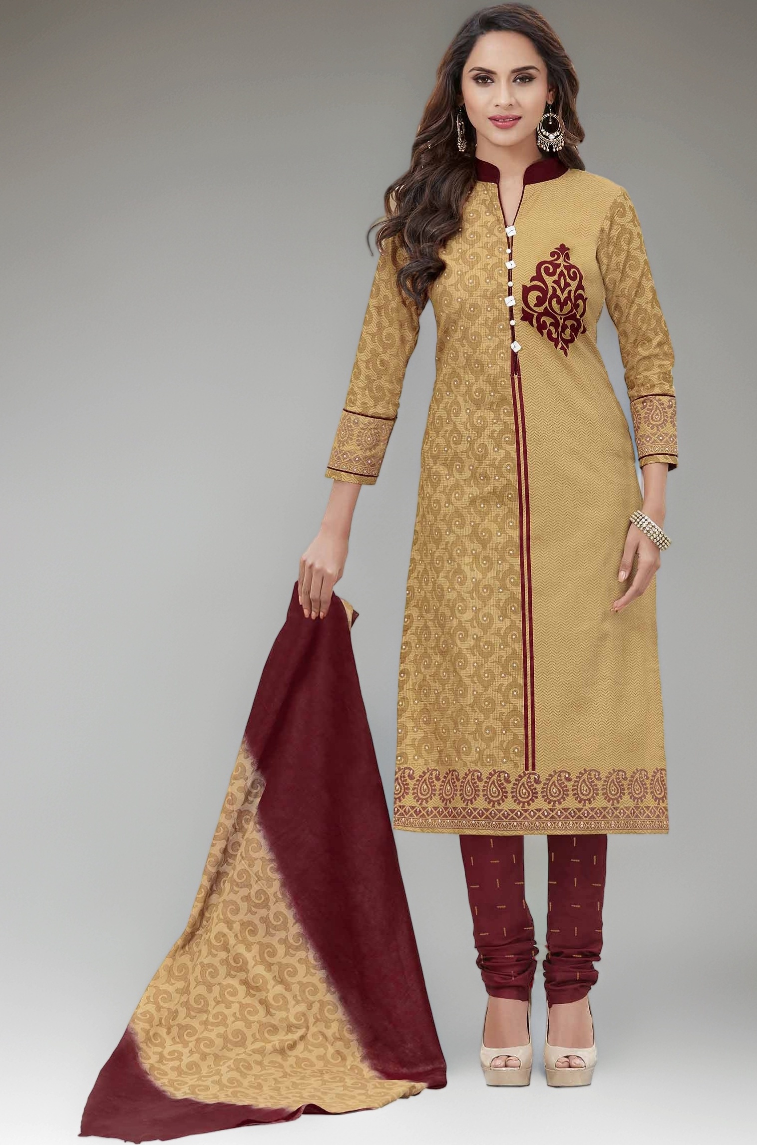 Cotton Printed Readymade Salwar Suit For Women(MIRAANSAN8004, Beige)