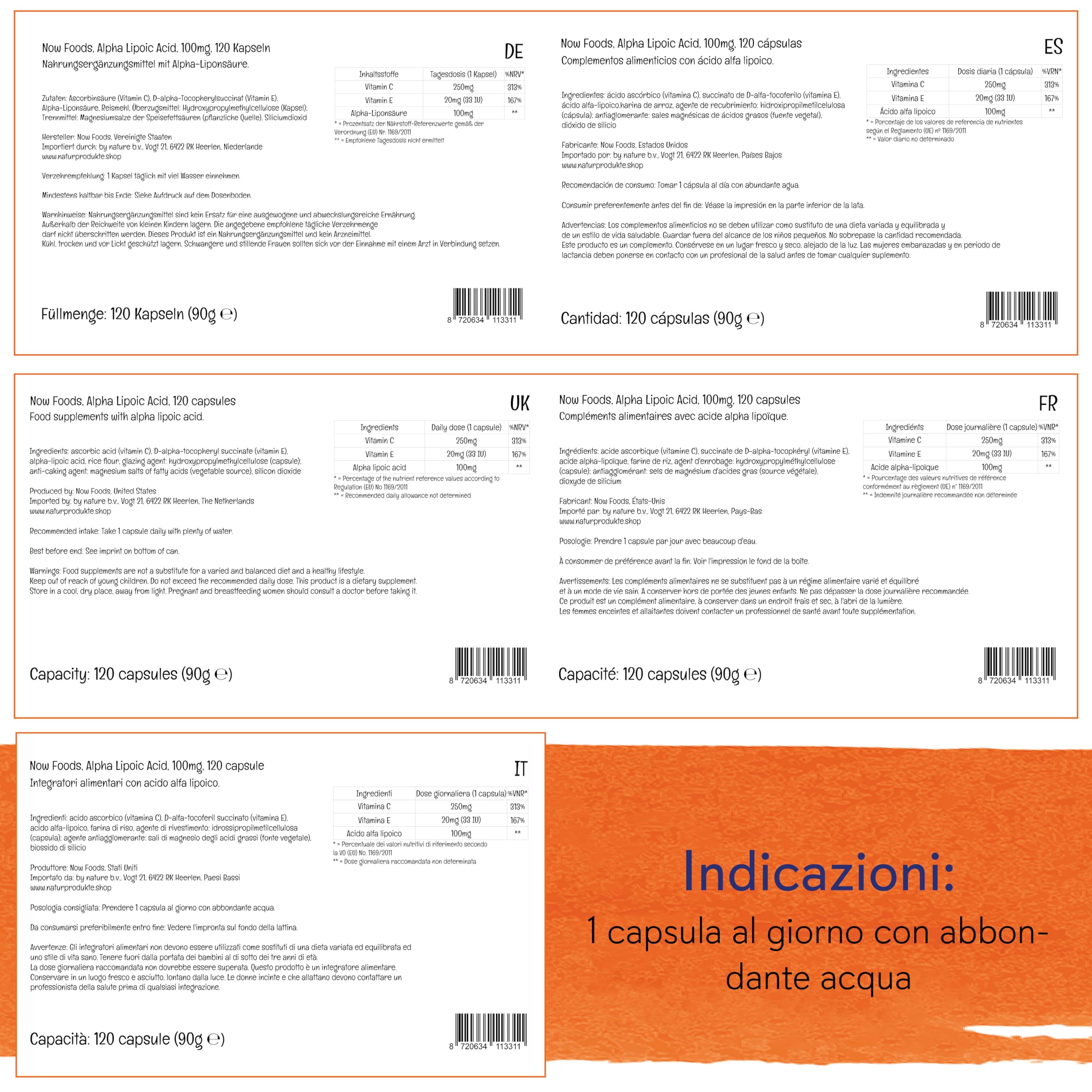 Now Foods, Alpha-Lipoic Acid (Acido Alfa Lipoico), 100mg, 120 Capsule vegane, Testato in Laboratorio, Senza Glutine, Senza Soia, Senza OGM