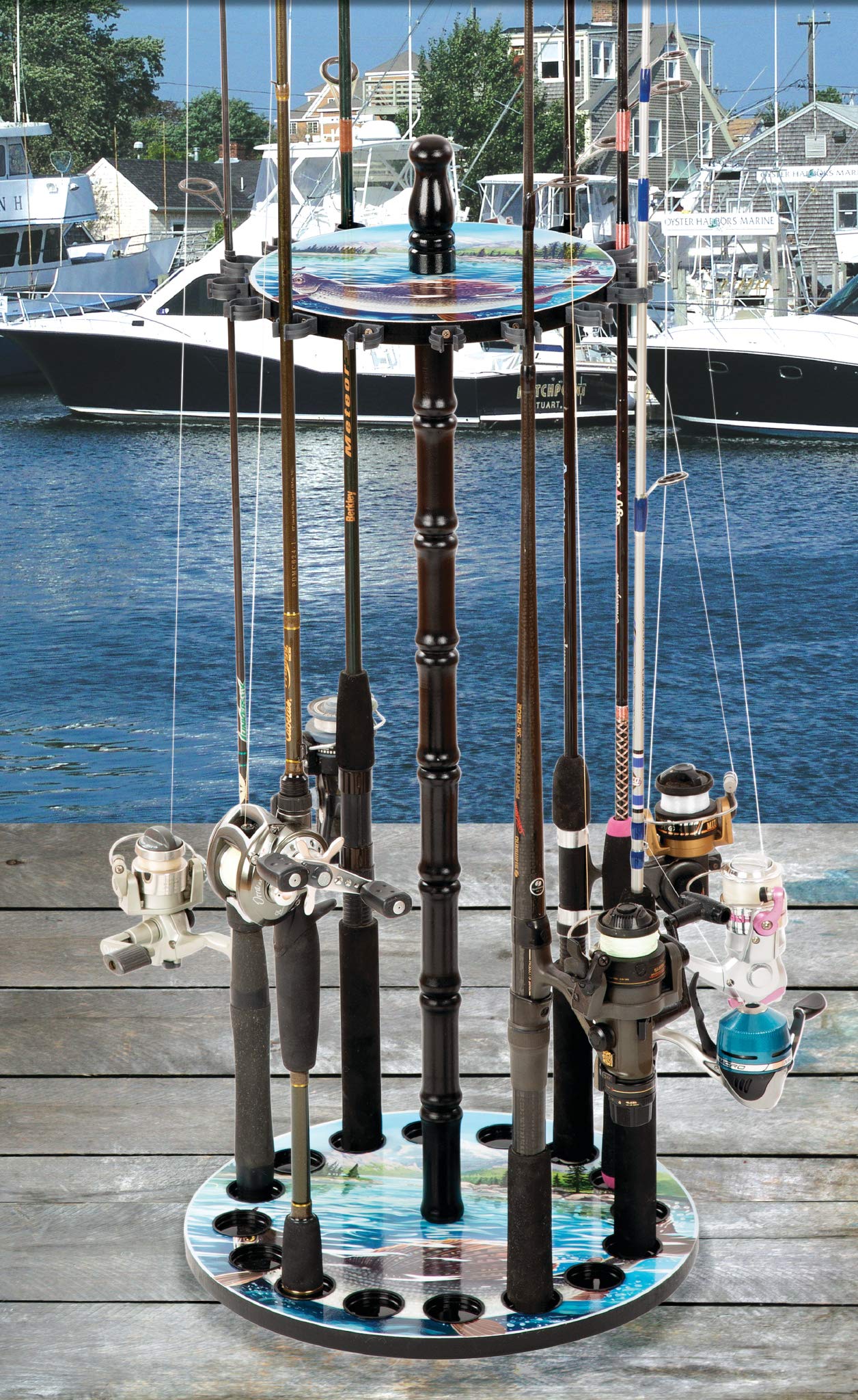 Zoogamo Wooden Fishing Rod Rack - 16 Rod Capacity for Any Freshwater/Saltwater Reel Combo with Dual Clips