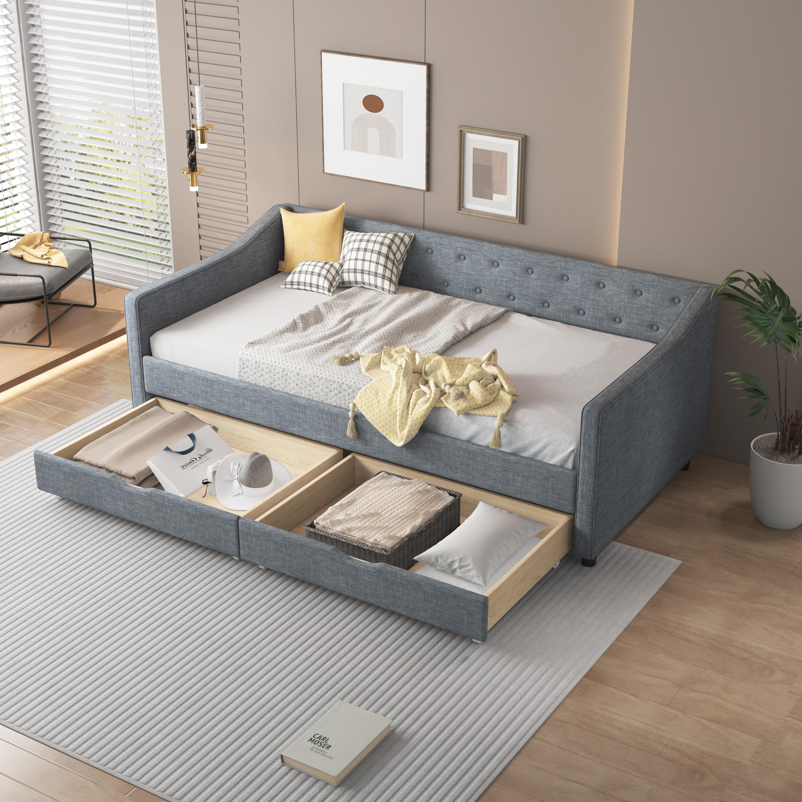Photo 1 of ***BOX 1/2***Ball & Cast Twin Daybed with Storage,Upholstered Bed Frame with 2 Drawers and Button Tufted Backrest,Day Bed with Wood Slat Supports,No Box Spring Needed,Light Grey