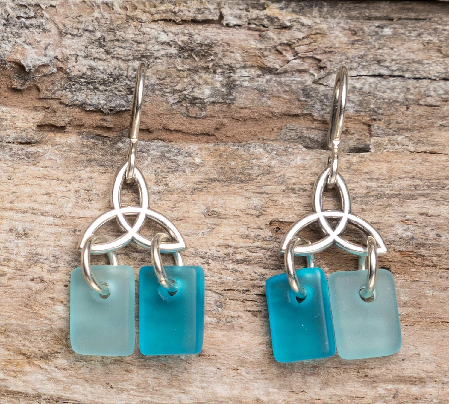 Sea Glass Celtic Knot Earrings - Sterling Drop Beach Earrings for Women by EcoSeaCo, using recycled and sustainable material. Handmade in the USA