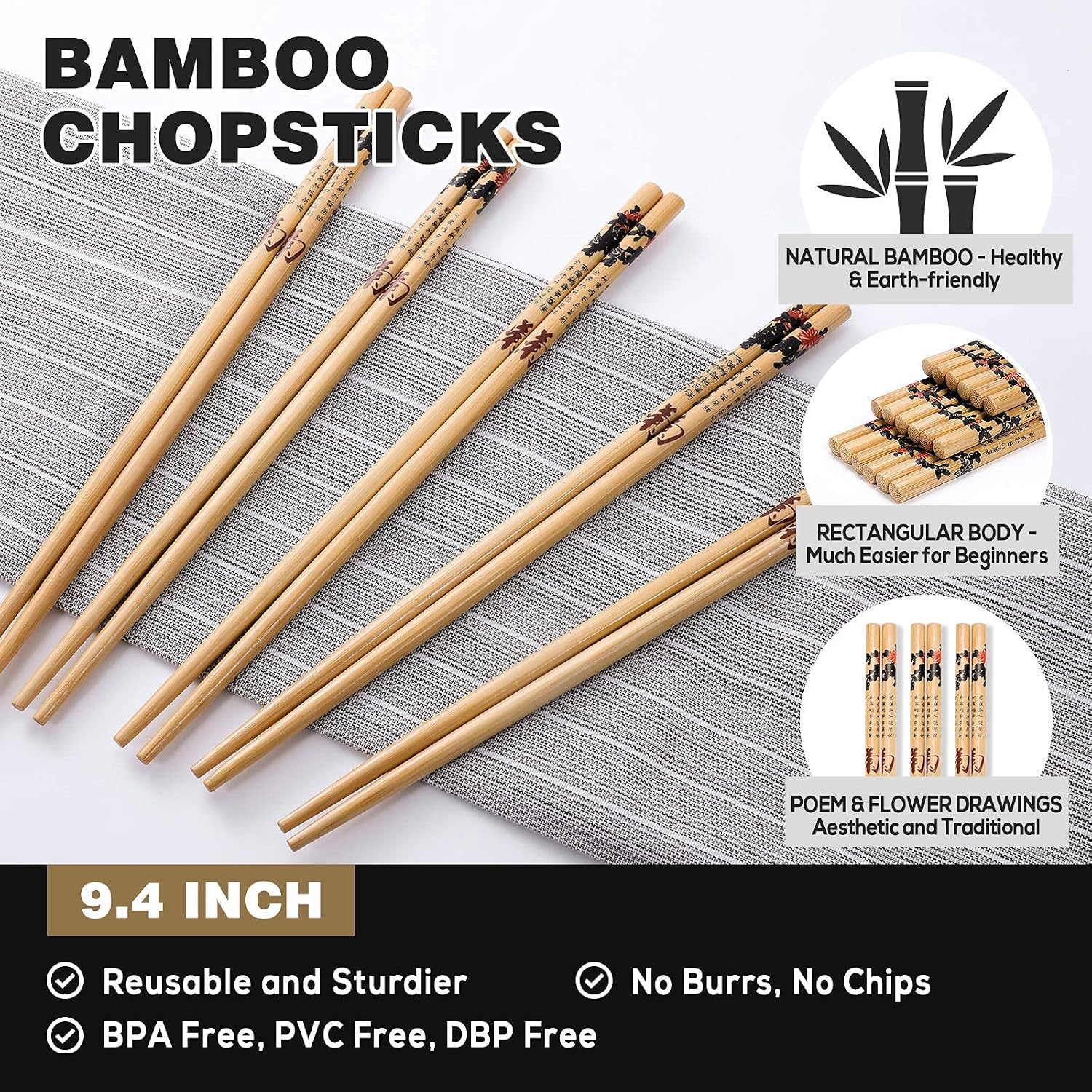 Hiware 10 Pairs Reusable Chopsticks Set Include 5 Pairs Metal Stainless Steel Spiral Chopsticks and 5 Pairs Natural Bamboo Chopsticks 8.8 Inches, Easy to Holds