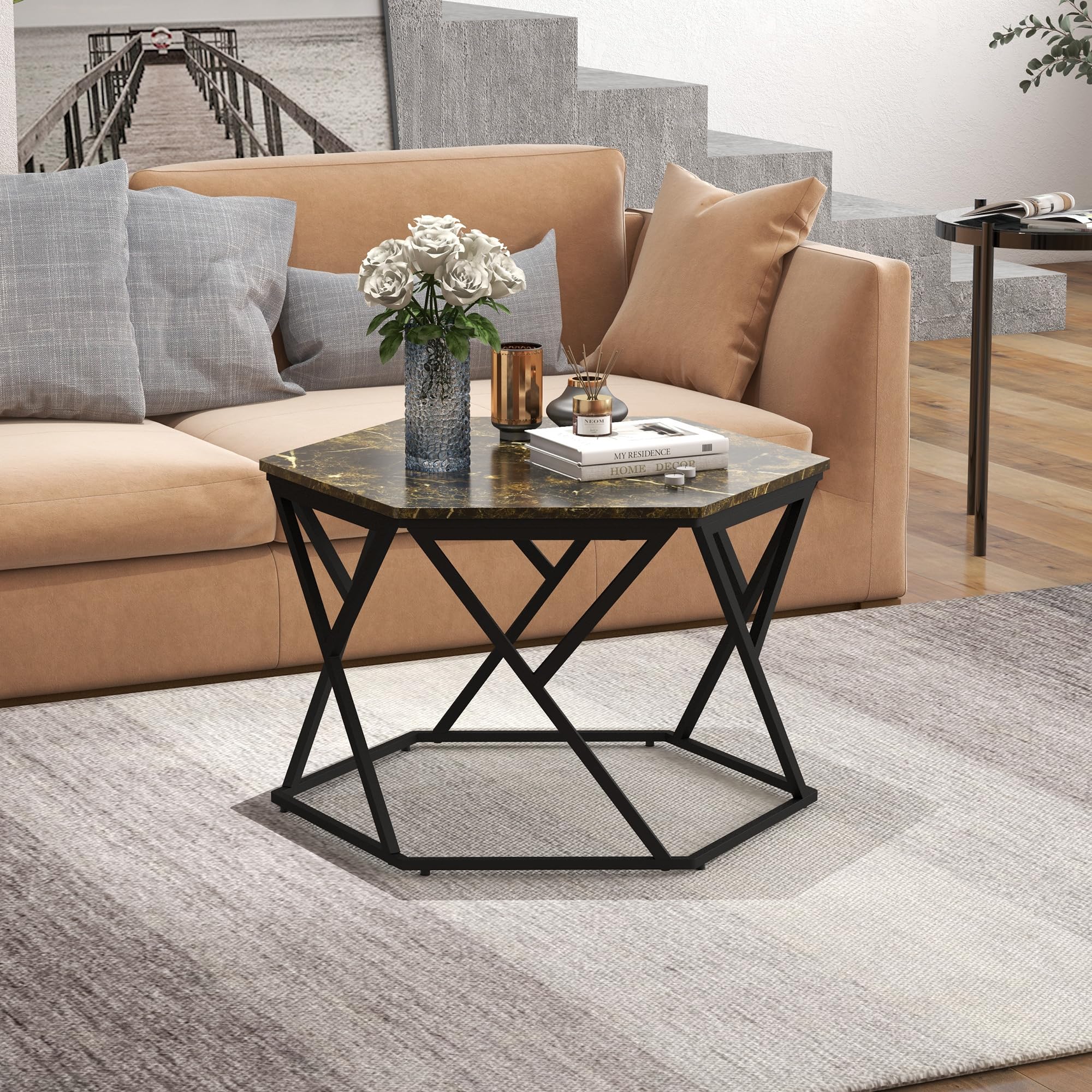 HOMCOM Tavolino da Salotto Moderno con Piano in Finto Marmo e Struttura in MDF e Acciaio, 81x70x51.2cm, Nero