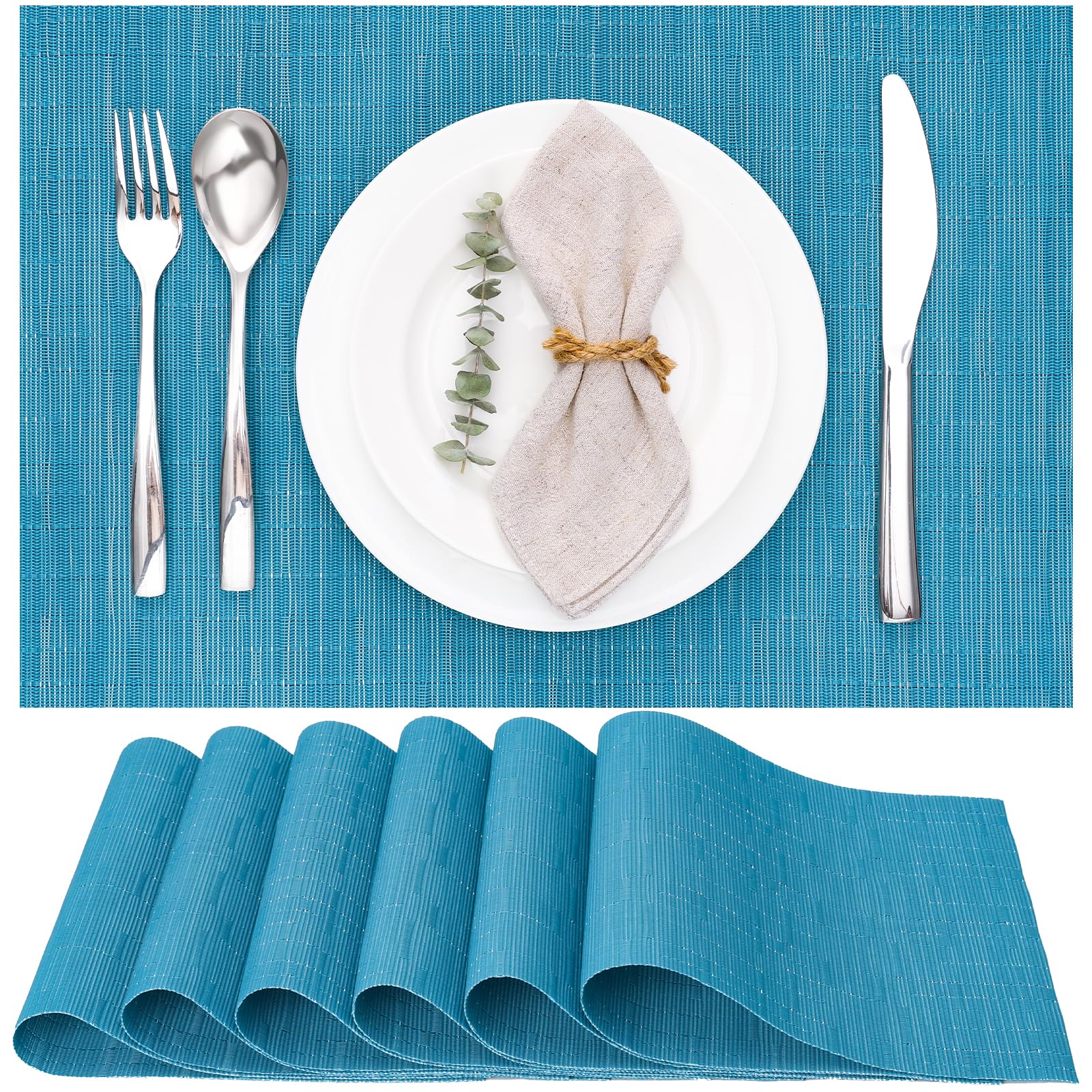 Myir Jun Blue Table Mats Set Of 6, Place Mats Table Placemats Washable Non-Slip Heat Insulation Woven Vinyl For Kitchen Dinning Restaurant 17"X12" (Blue)
