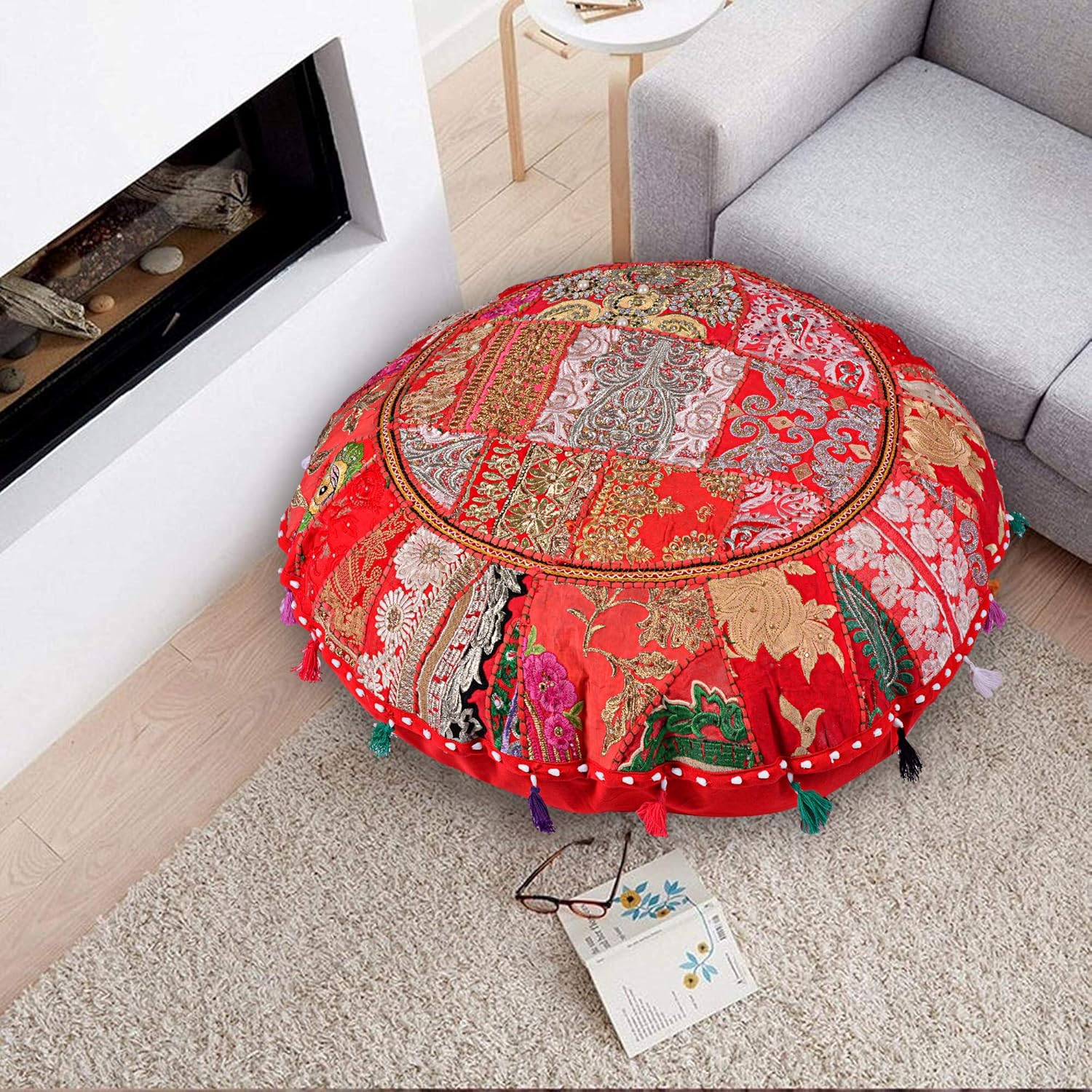ShakDeco Cotton Khambadiya Cushion Pouf Cases Ottoman Sham
