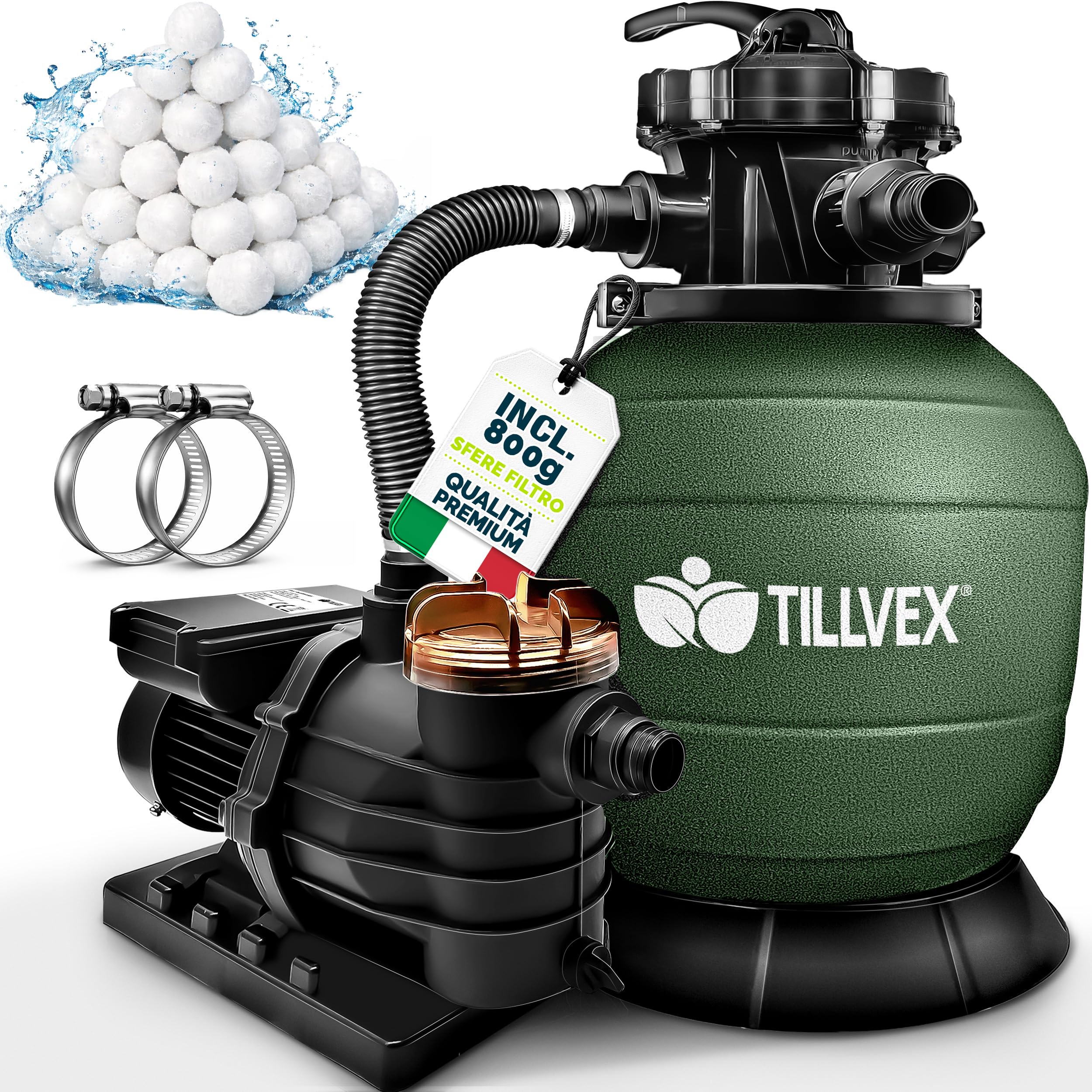 tillvex Depuratore d'acqua per piscina 10 m³/h 800 g sfere filtro Pompa filtro a sabbia con valvola