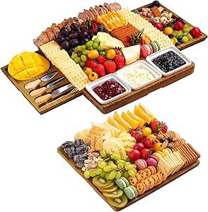 Maxboro Bamboo Cheese Board with Knife Set, Cheese Trays, Carbonized Bamboo