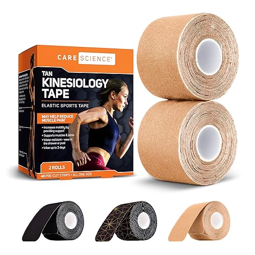 Care Science Waterproof Kinesiology Tape, Precut Water Resistant Strips, Elastic Athletic Tape for Sports & Weightlifting, Supports Muscles & Joints, Muscle Strain Relief, Tan, 2 Rolls, 40 Count - Tan
