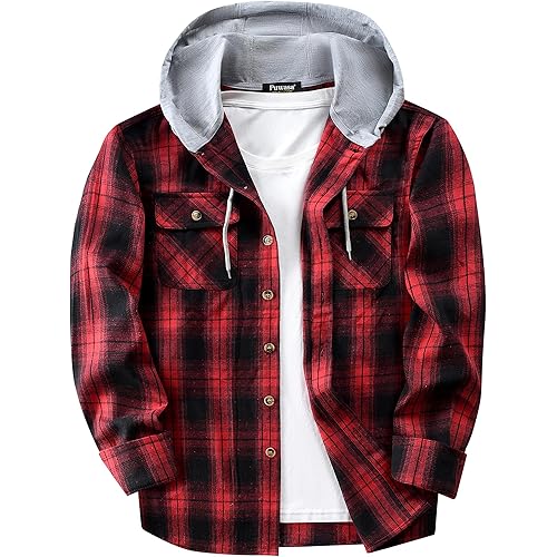 Mens Flannel Hoodie Shirts Long Sleeve Casual Plaid Jacket Cotton Button Down Flannel Shirt for Men