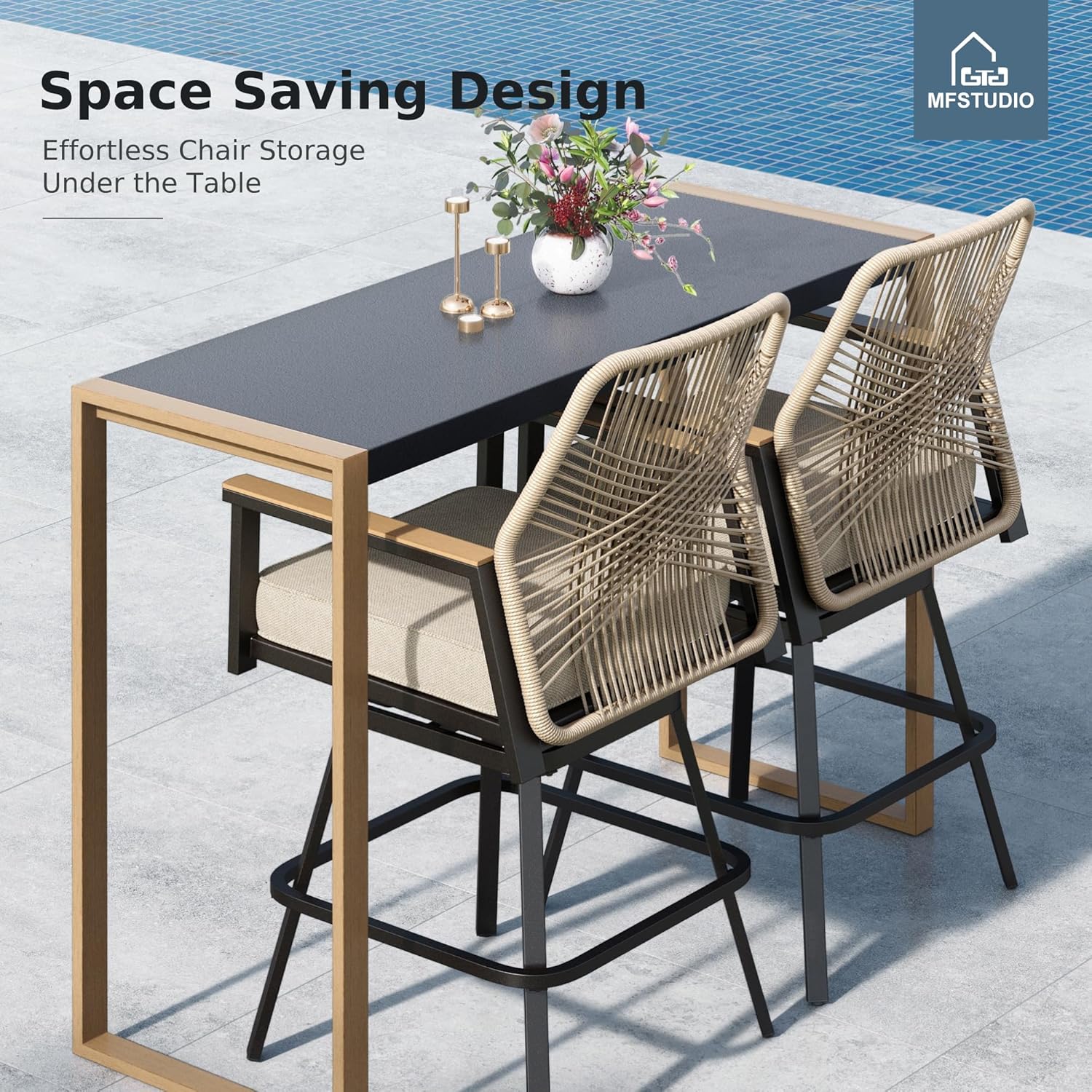 MFSTUDIO Outdoor Patio Bar Table, Bar Height Outdoor Table, 40" H High Top Patio Table with Stone Texture Top & Adjustable Non-Scratch Feet for Backyard, Garden, Patio Dining