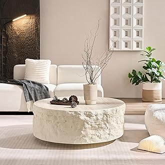 JURMALYN Round Coffee Table for Living Room Circle Coffee Table Modern Drum Center Table for Apartment, No Need Assembly (Fiberglass 35.43'' Cement Stone Pattern) | for Living Room, Modern, for Apartment, No Need Assembly