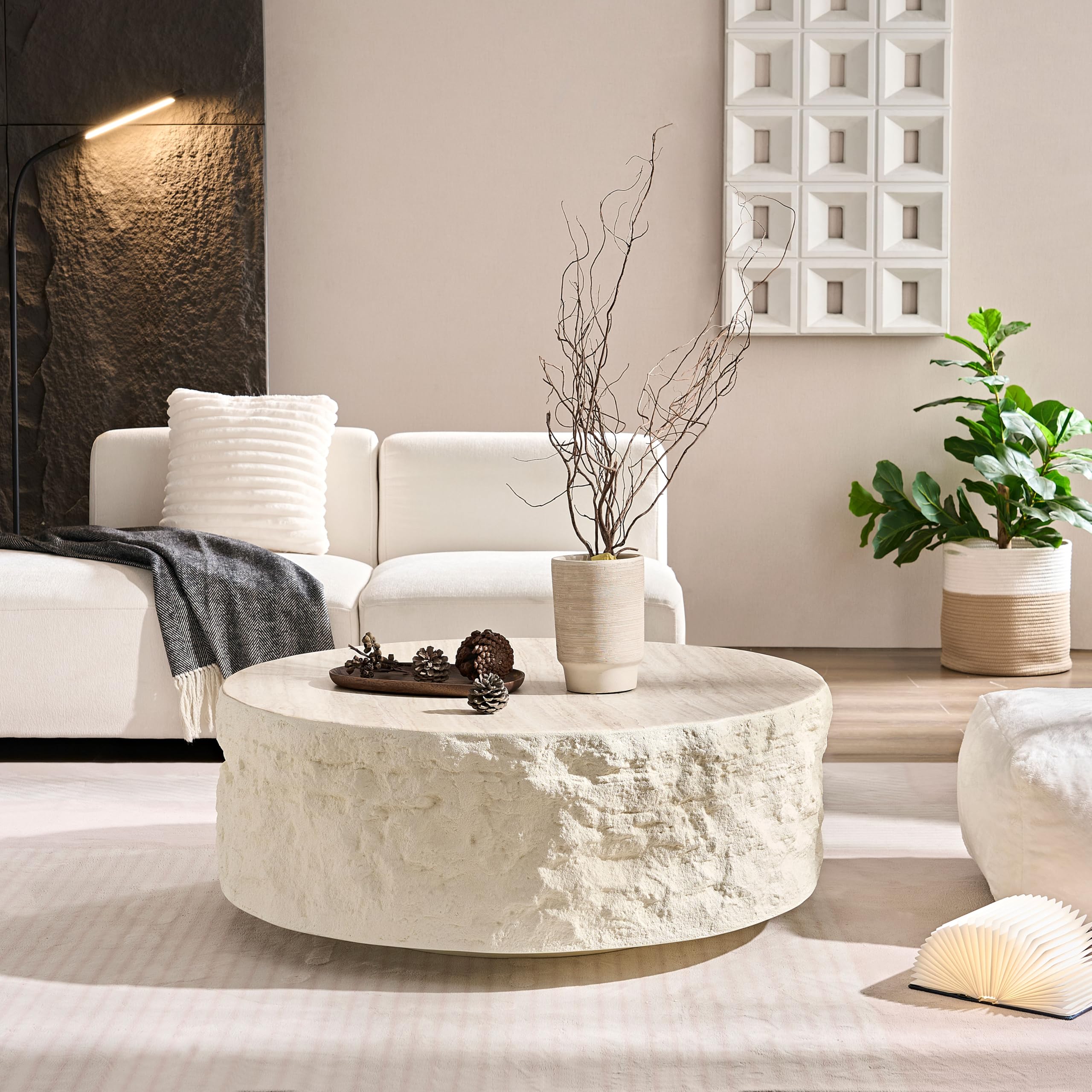 Round Coffee Table for Living Room Circle Coffee Table Modern Drum Center Table for Apartment, No Need Assembly (Fiberglass 35.43'' Cement Stone Pattern)
