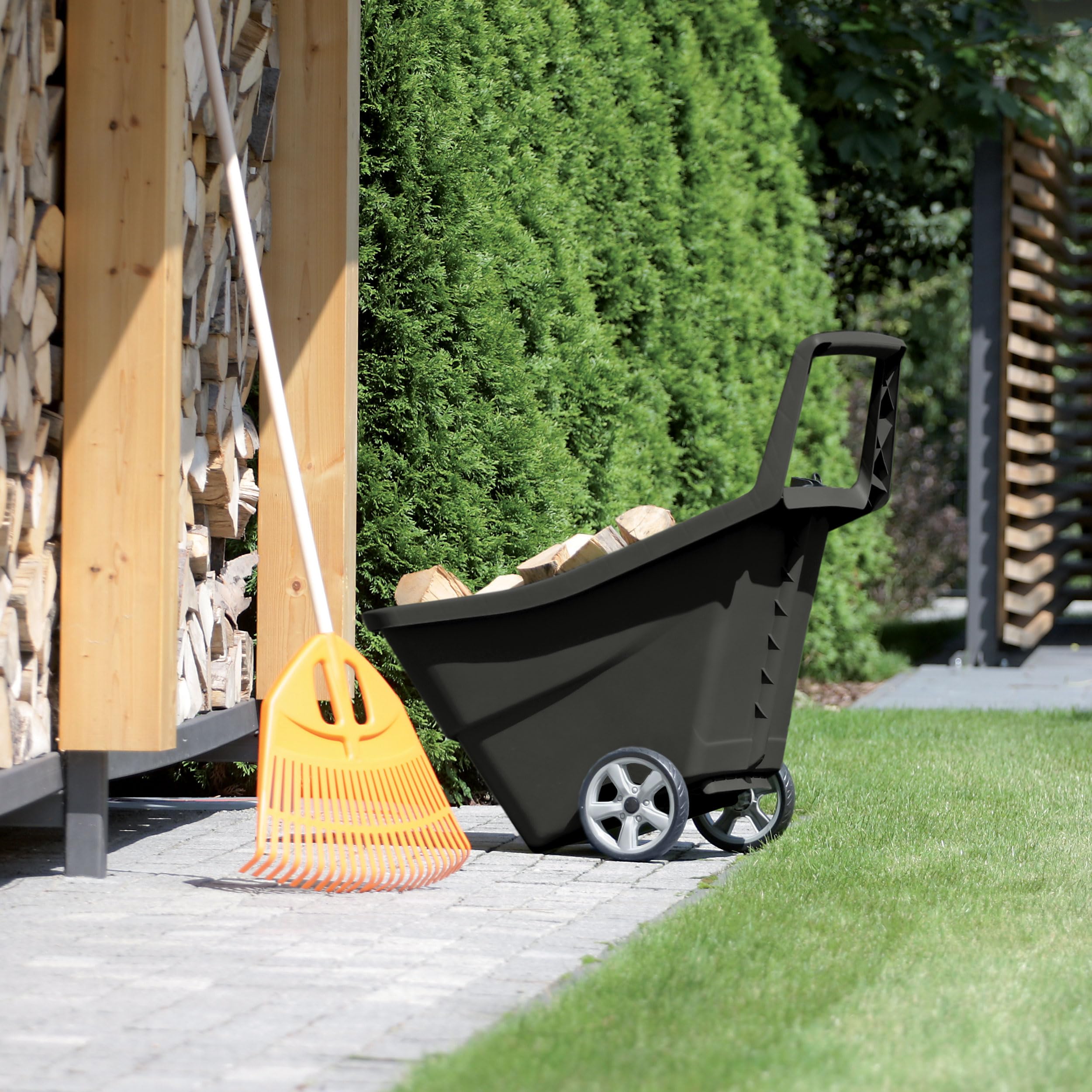 Load&Go Gartenschubkarre | Fassungsvermögen 95 Liter | 57 x 84 x 92,5 cm | aus Kunststoff | schwarz | zwei verstärkte Räder aus Gummi | für Transport von Materialien und Wartungsarbeiten | leichte und