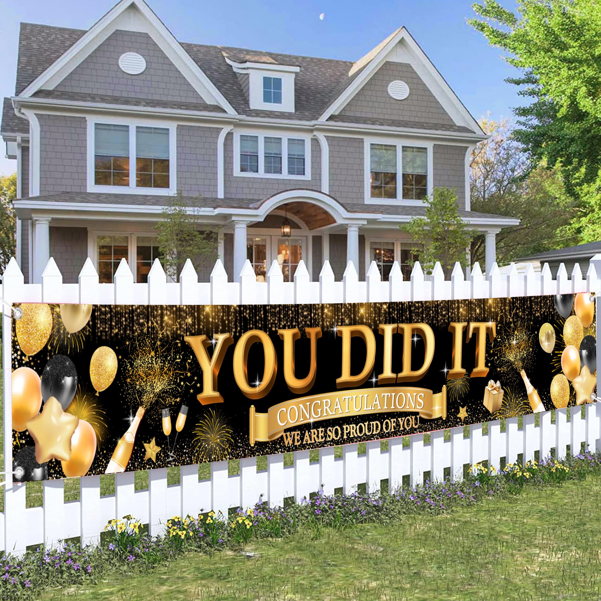Flerramao Congratulations Banner Graduation Decorations - You Did It Black Gold Yard Banner, We Are So Proud of You Hanging Sign for Indoor Outdoor Decoration 300 x 50 cm