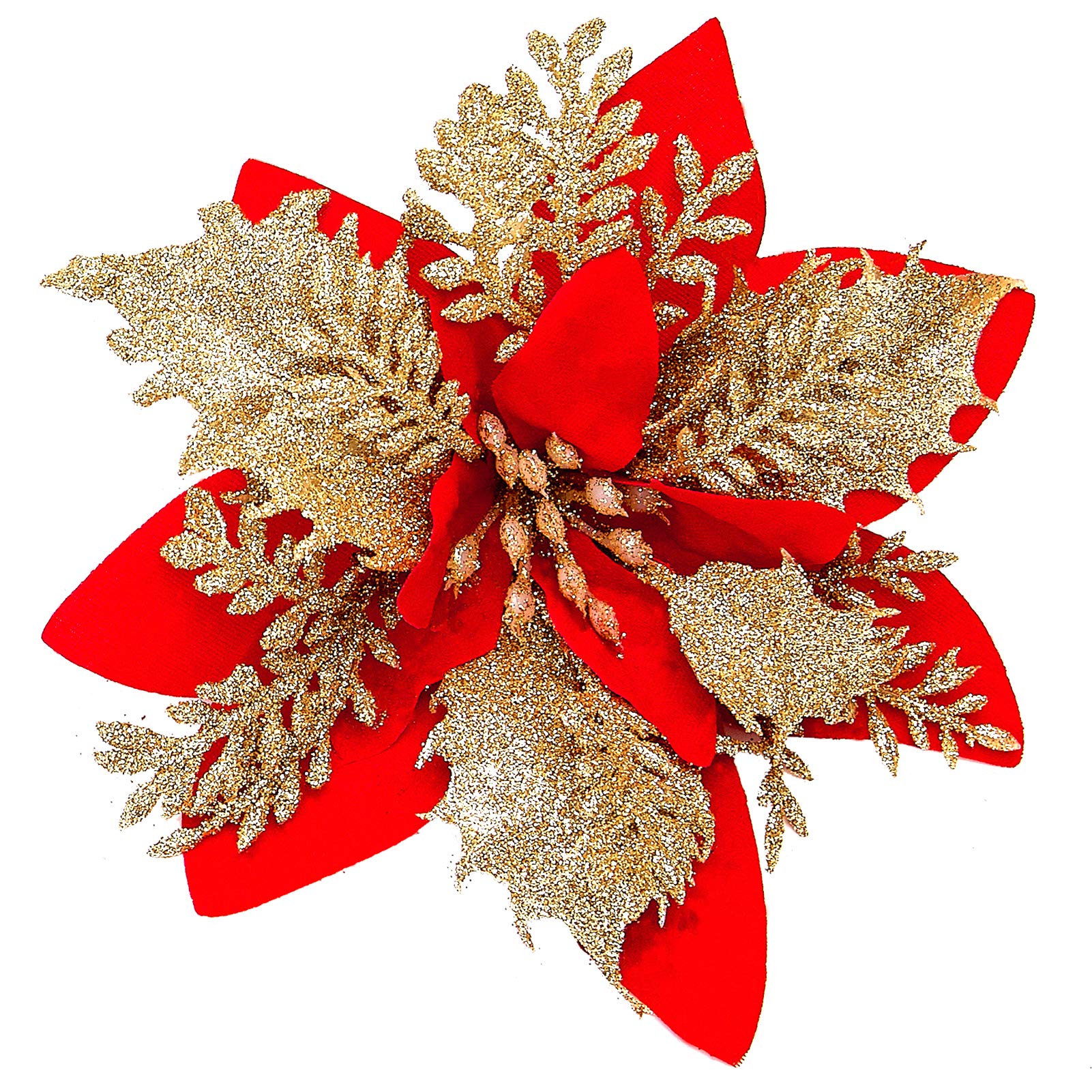 Xmastell Red 15Pcs Poinsettia Artificial Flowers Decorations, Glitter Christmas Flowers Ornaments, Christmas Tree Decorations Flowers, With Clipsfor Xmas/Wreath/Garland Decor, 14Cm