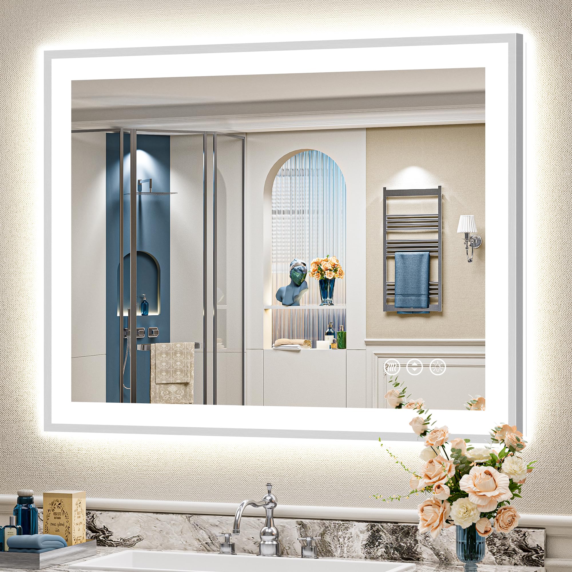 40x32 Inch Brushed Nickel LED Bathroom Mirror, Backlit &amp; Front-Lit | Silver Framed Lighted Vanity Mirror, Dimmable, 3-Color Light, Memory, CRI95, Tempered Glass, UL Listed, Horizontal/Vertical