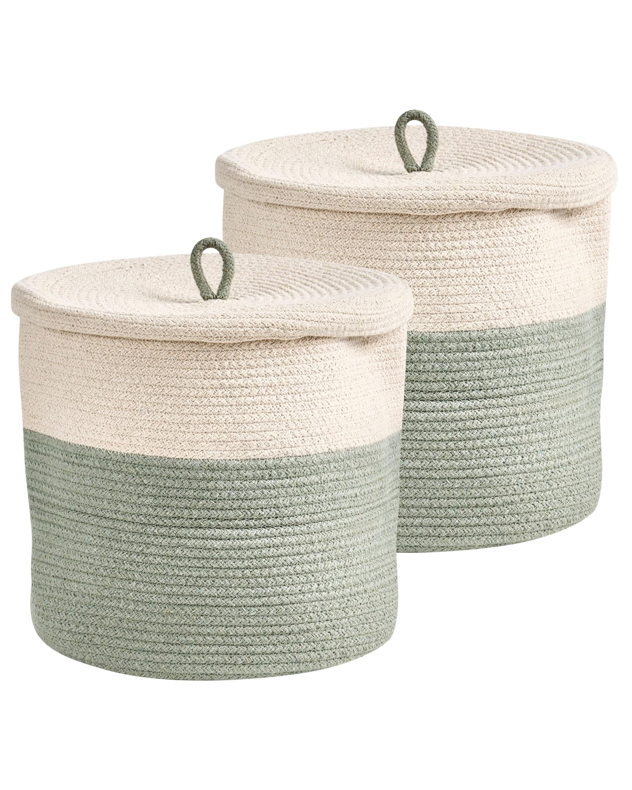 Korb 2er Set Baumwolle hellbeige/grün geflochten gestreift mit Deckel Boho-Design Silopi