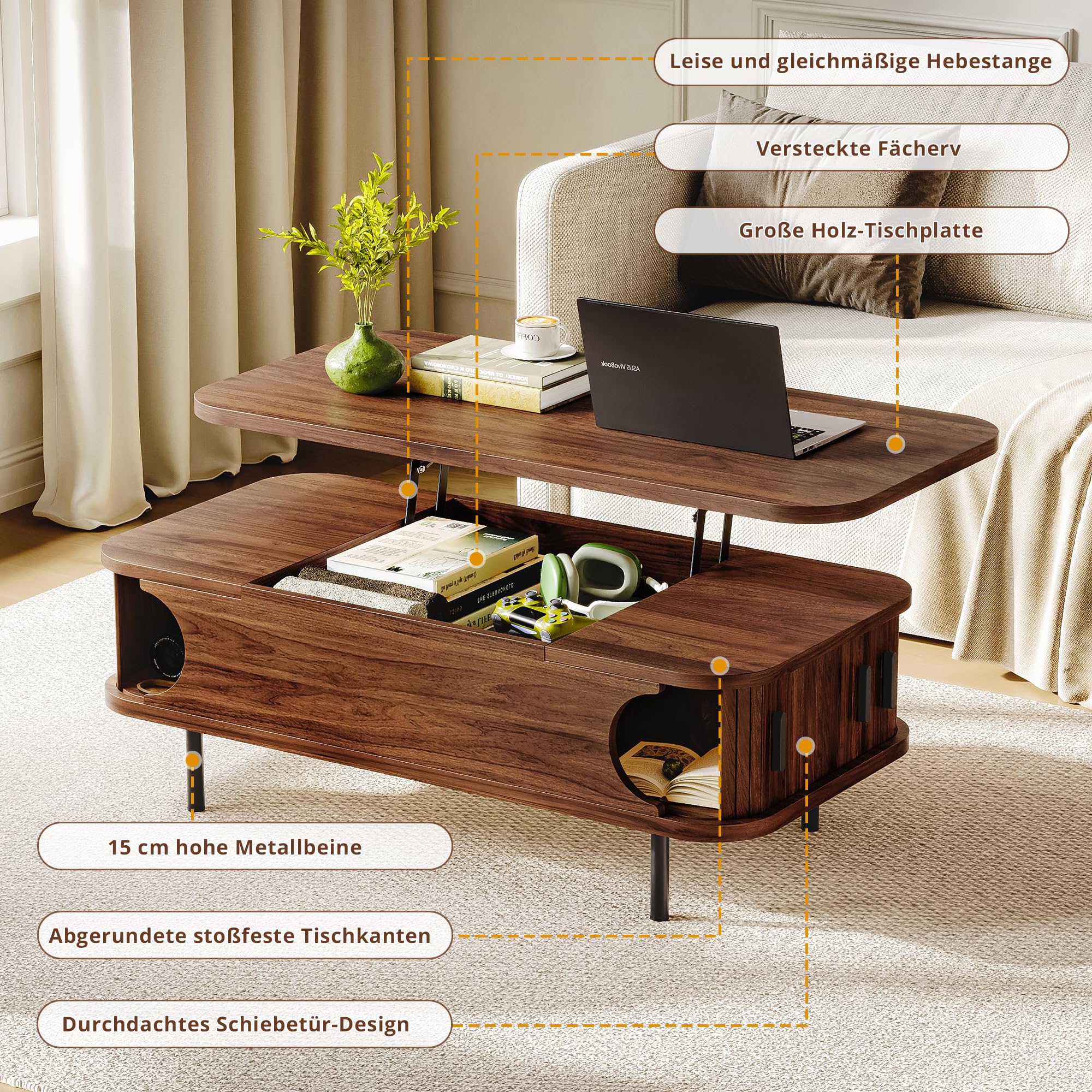 IRONCK Couchtisch höhenverstellbar, Wohnzimmertisch mit Stauraum, Holz Kaffeetisch mit Schiebetüren, verstecktes Fach, offenes Fach, für kleine Räume, Wohnzimmer, Homeoffice, 101x51x52cm, Walnüsse