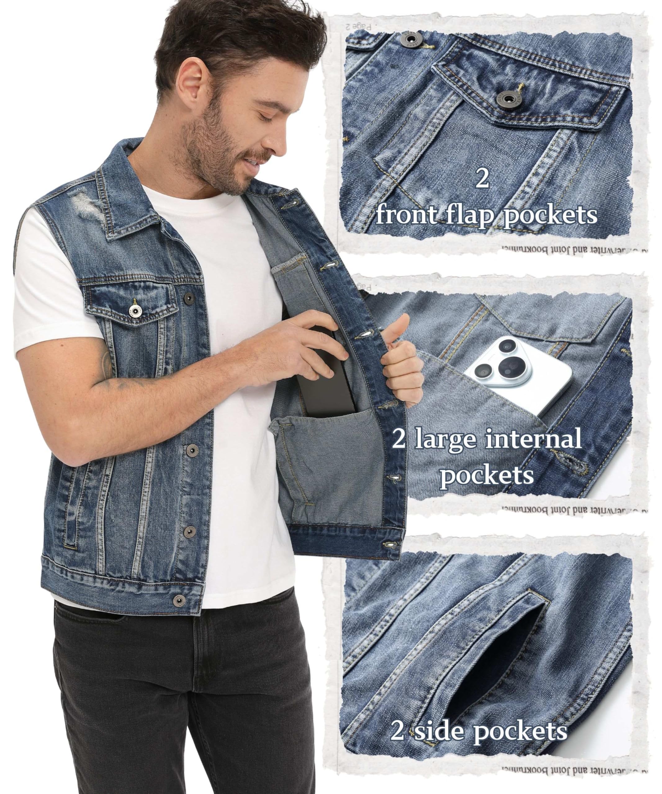 Gilet homme Denim Déchiré Rétro Cowboy Veste Décontractée Sans Manches Jean Veste de Moto Courte Denim Revers Vintage Gilet