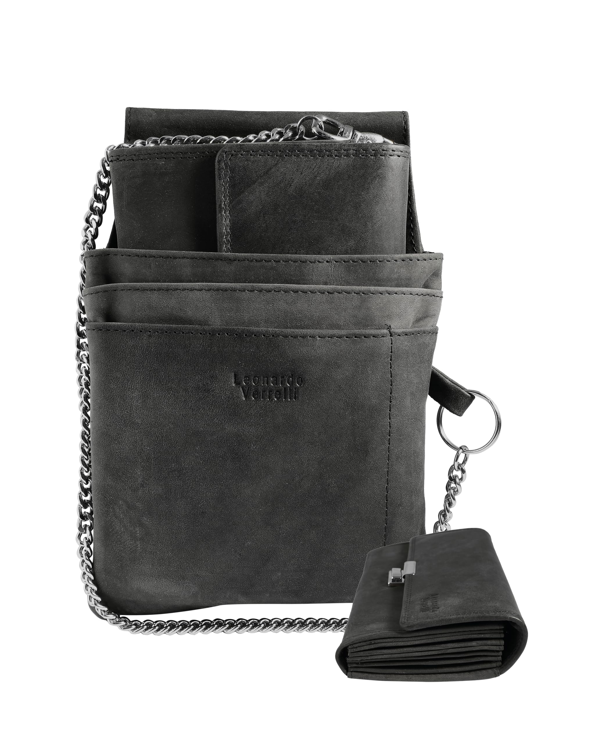 Kellner Geldbörse, aus Leder, Kellnerbörse, Geldbeutel, Taxi, Damen Herren Portemonnaie mit oder ohne Holster, Steck-Tasche, mit Kette und großem Münzfach in schwarz (Schwarz)