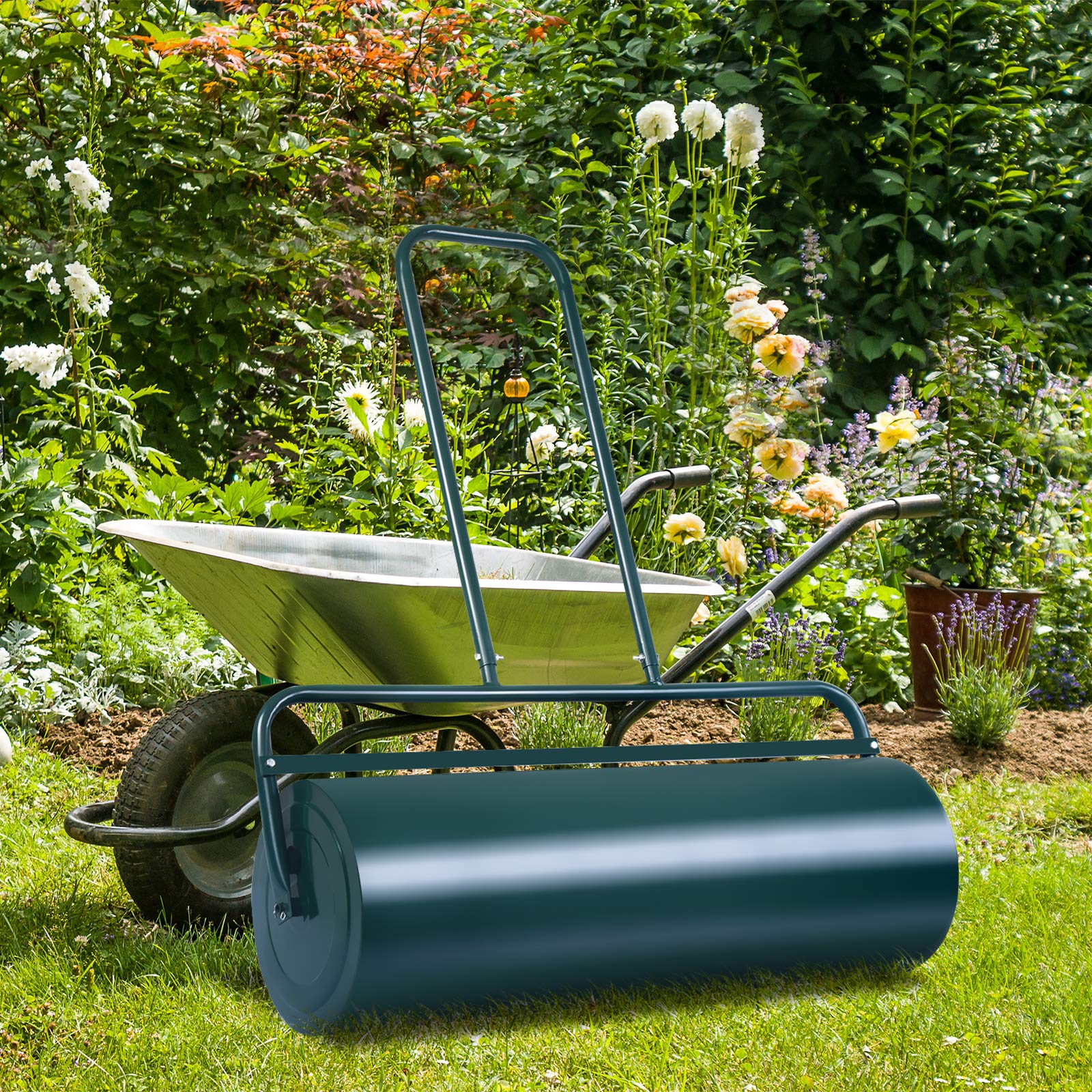 RELAX4LIFE Rouleau à Gazon avec Réservoire pour Le Jardin, Construction en Acier avec Pare-Boue, Volume de Remplissage de Sable ou l’Eau : 48 L, φ32cm, Largeur 65 CM, Hauteur : 114 CM, Vert