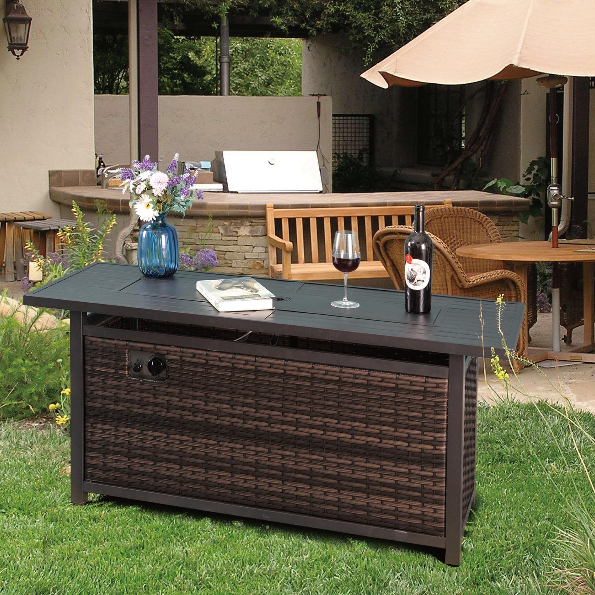 Green Party 56 Inch Gas Fire Pit Table 50000 BTU Large Long Rectangular Outdoor Propane Rattan Fire Pit Table Fireplace for Patio Garden Outdoor Heating with Lid and Blue Fire Glass