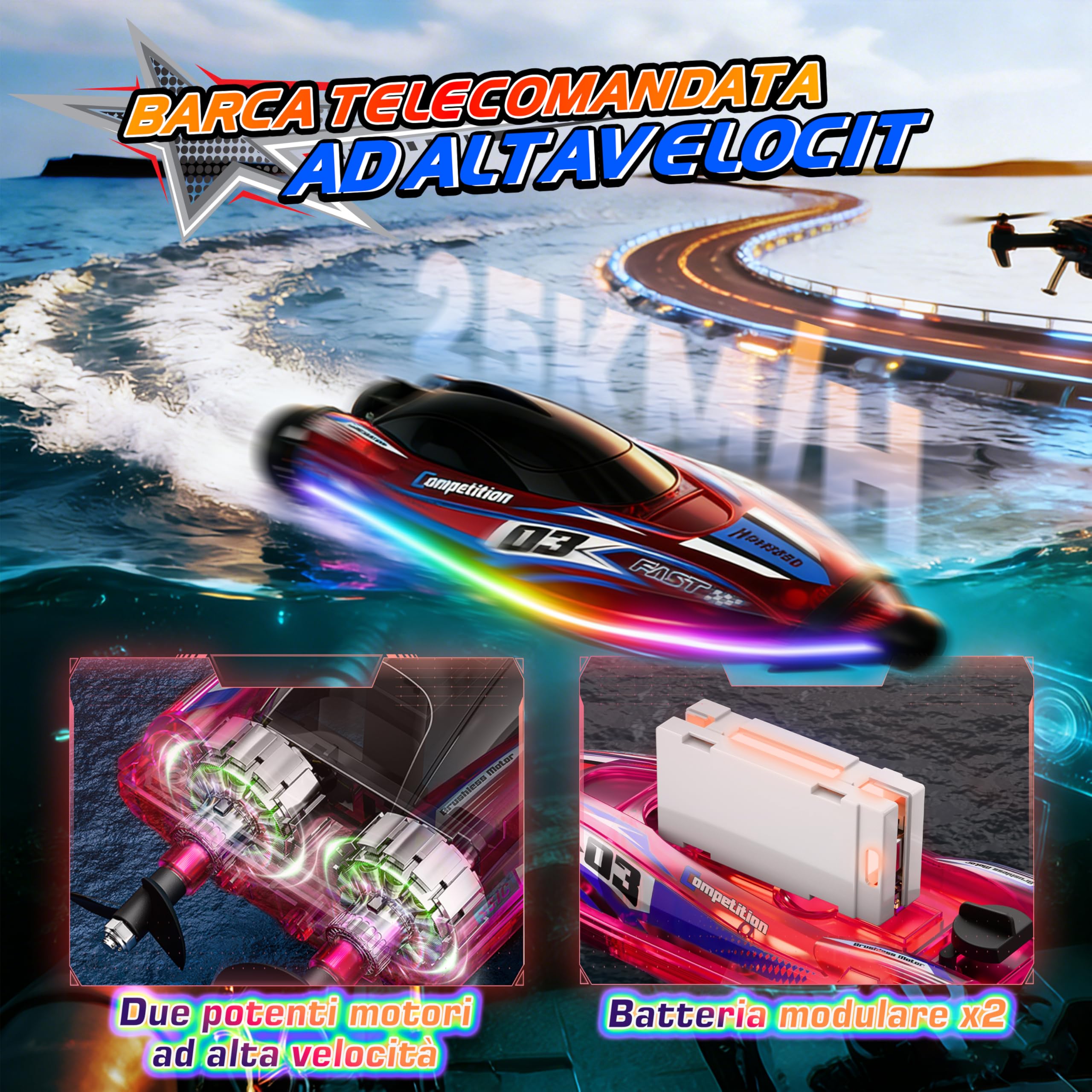 FORMIZON Barca RC 25 km/h, Barca Telecomandata 2,4GHz con Luce LED per Piscine e Laghi, Motoscafo Radiocomandato con Anti-Ingroppo Posteriore, Barche da Corsa Speedboot per Bambini e Adulti (Rosso)